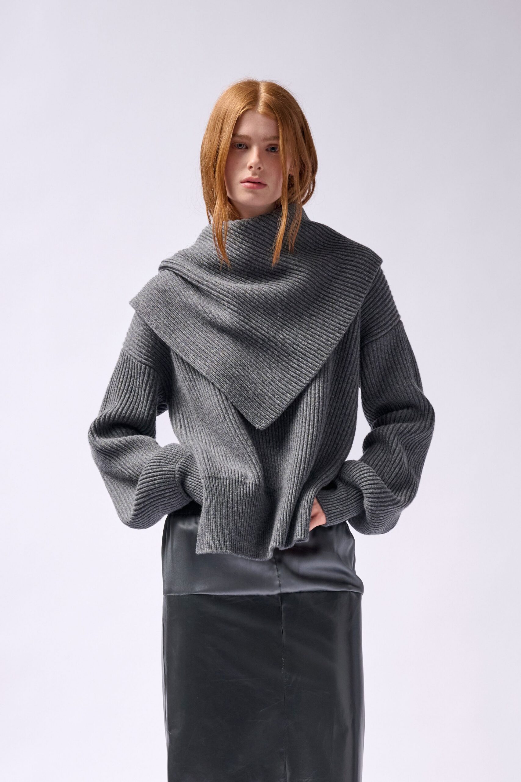 gray wool long-sleeve high-neck relaxed ribbed sweater