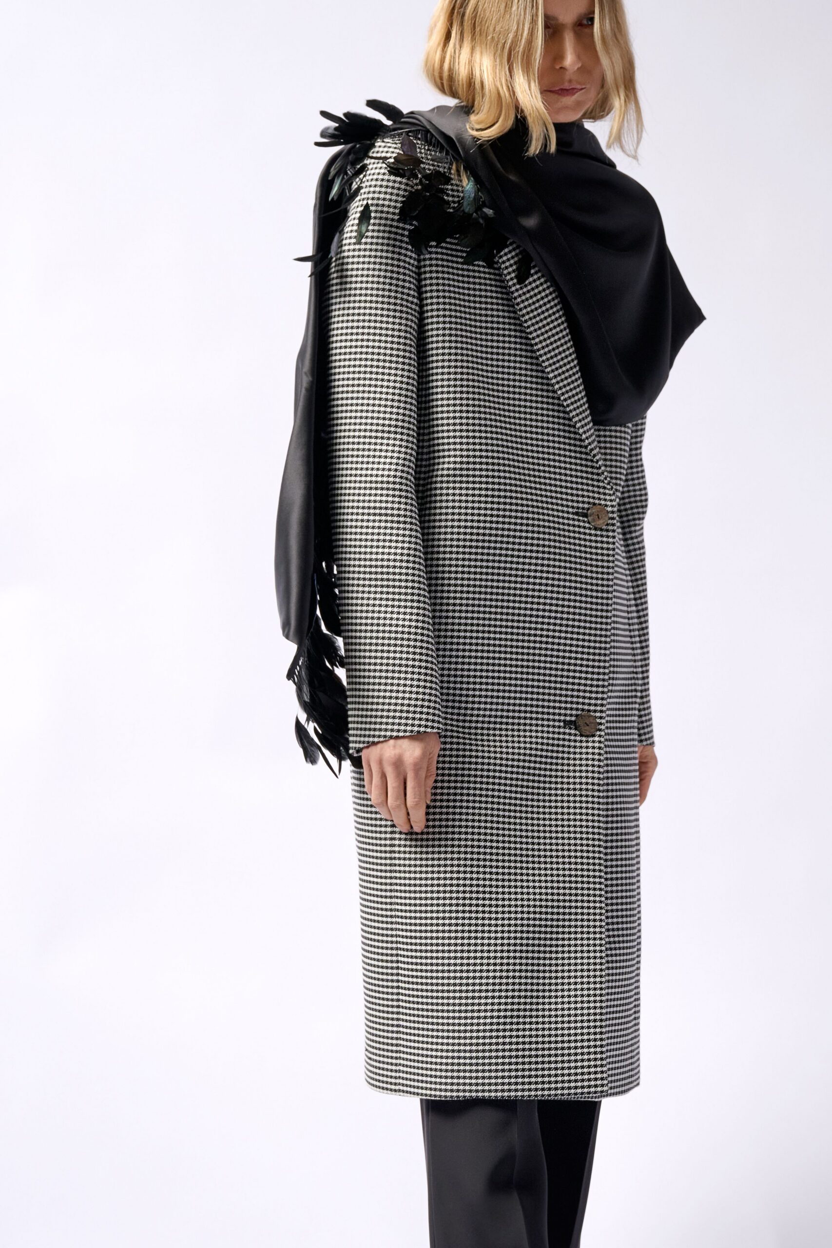 black wool long-sleeve collared structured checked coat