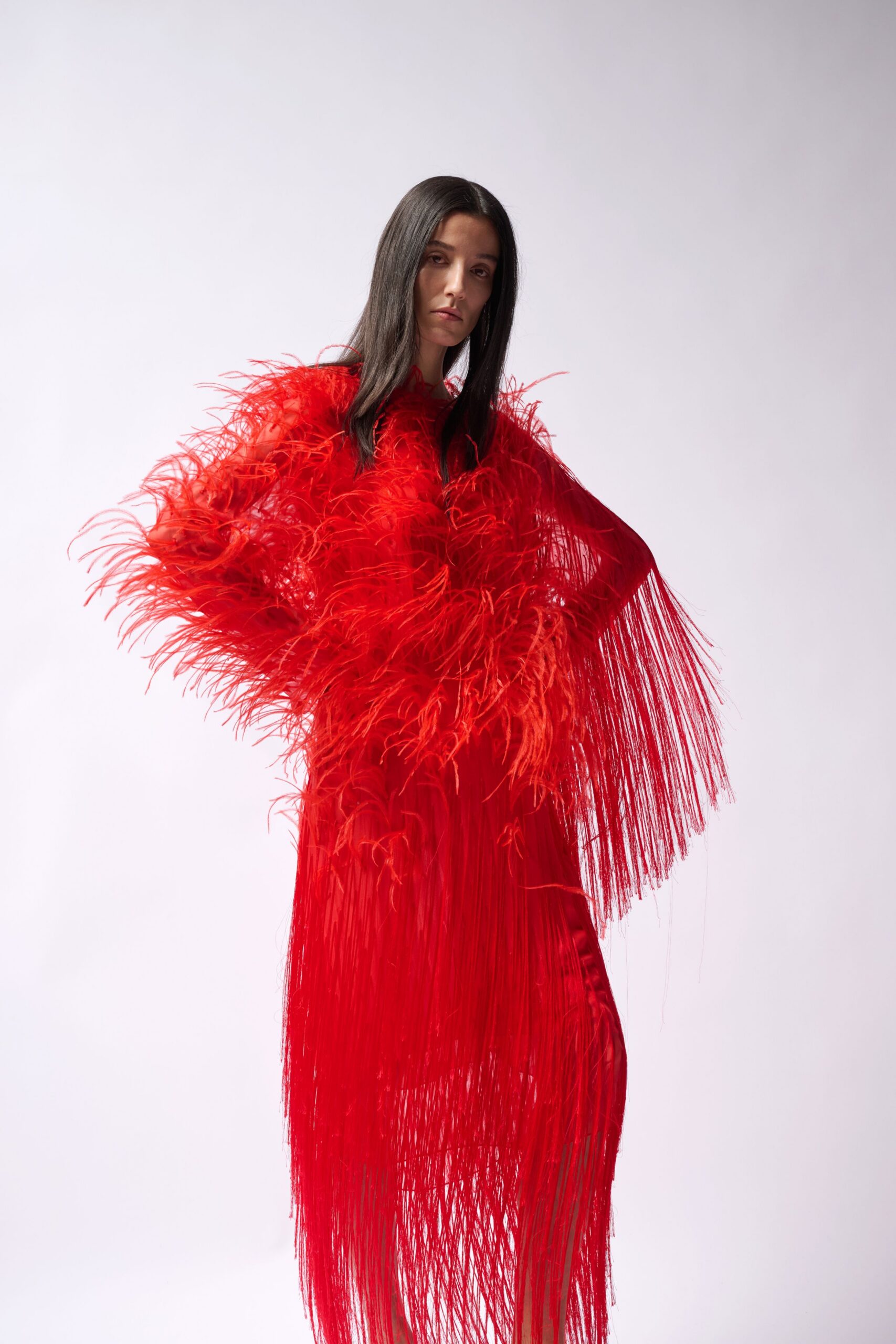 red fringed silk maxi dress