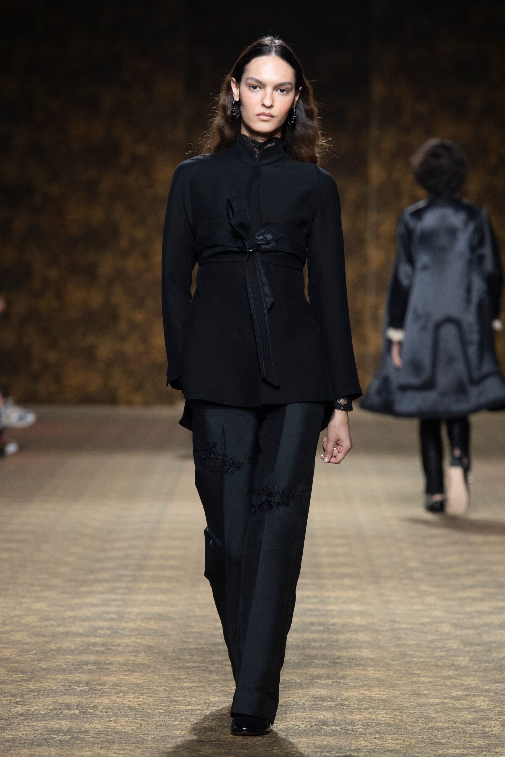 black silk long-sleeve collared fitted belted top