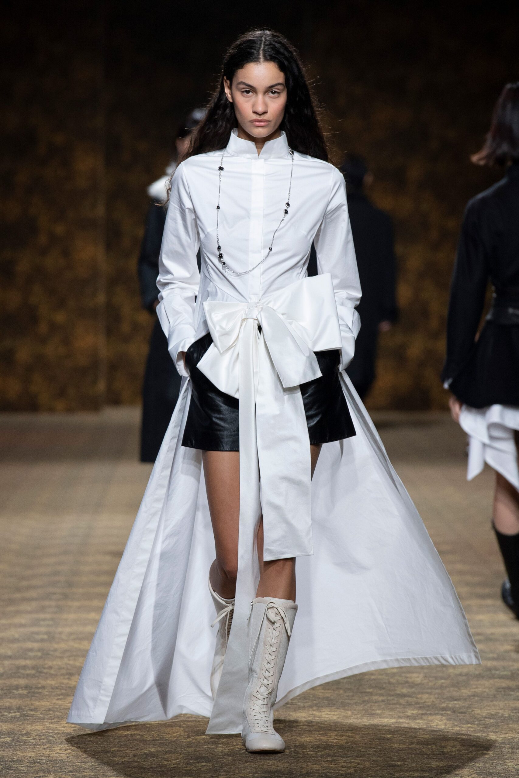 white cotton long-sleeve collared fitted buttoned layered dress
