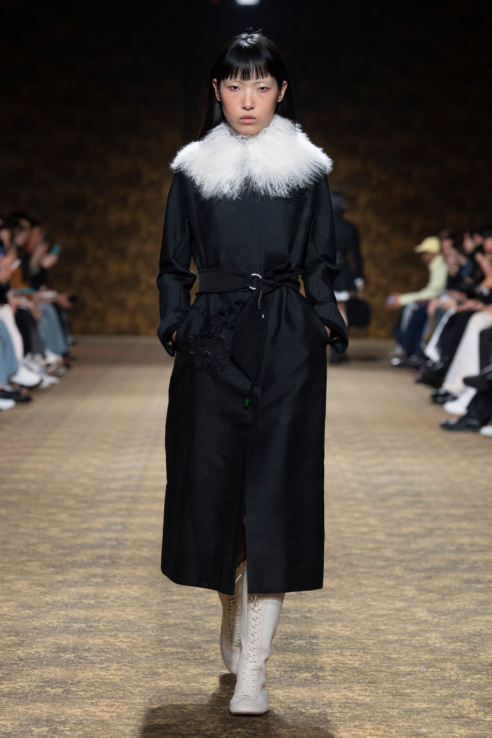 black cotton long-sleeve collared fitted belted midi coat