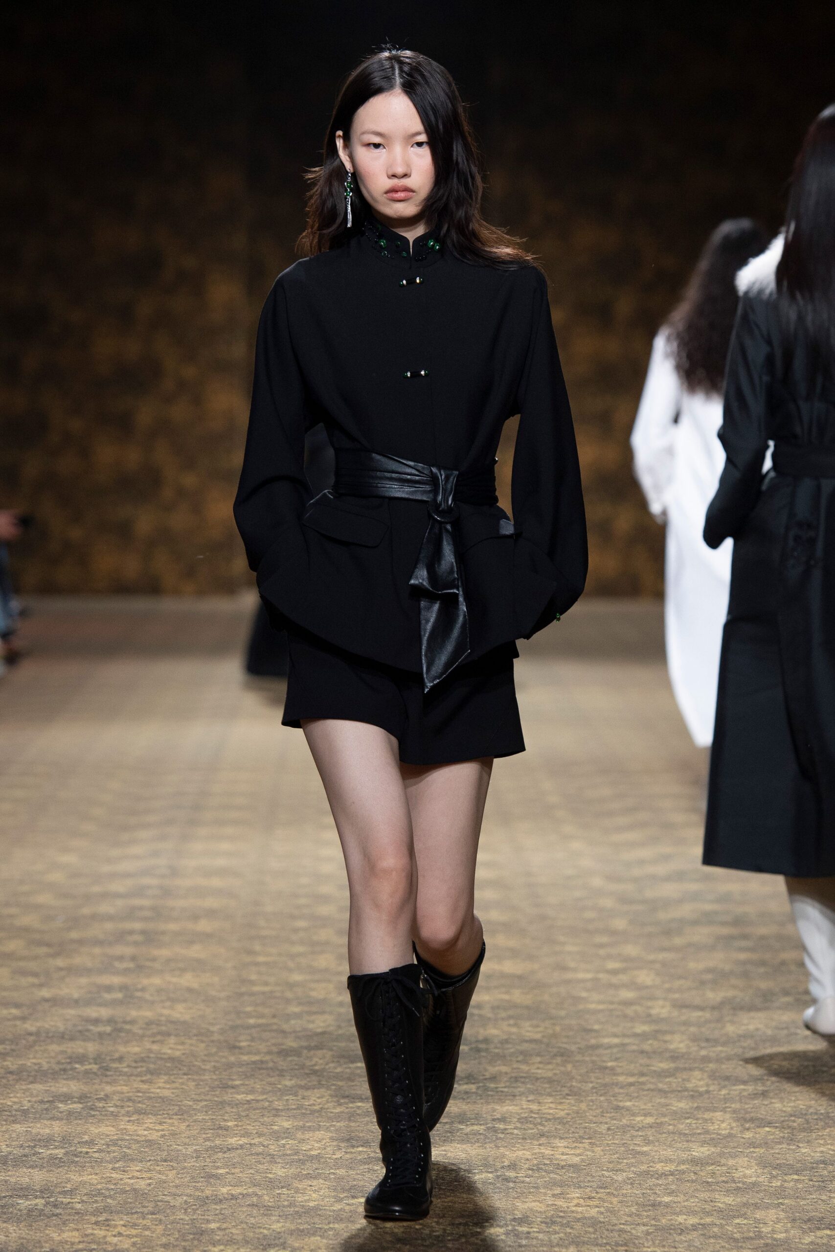 black cotton long-sleeve collared fitted belted short shirt-dress