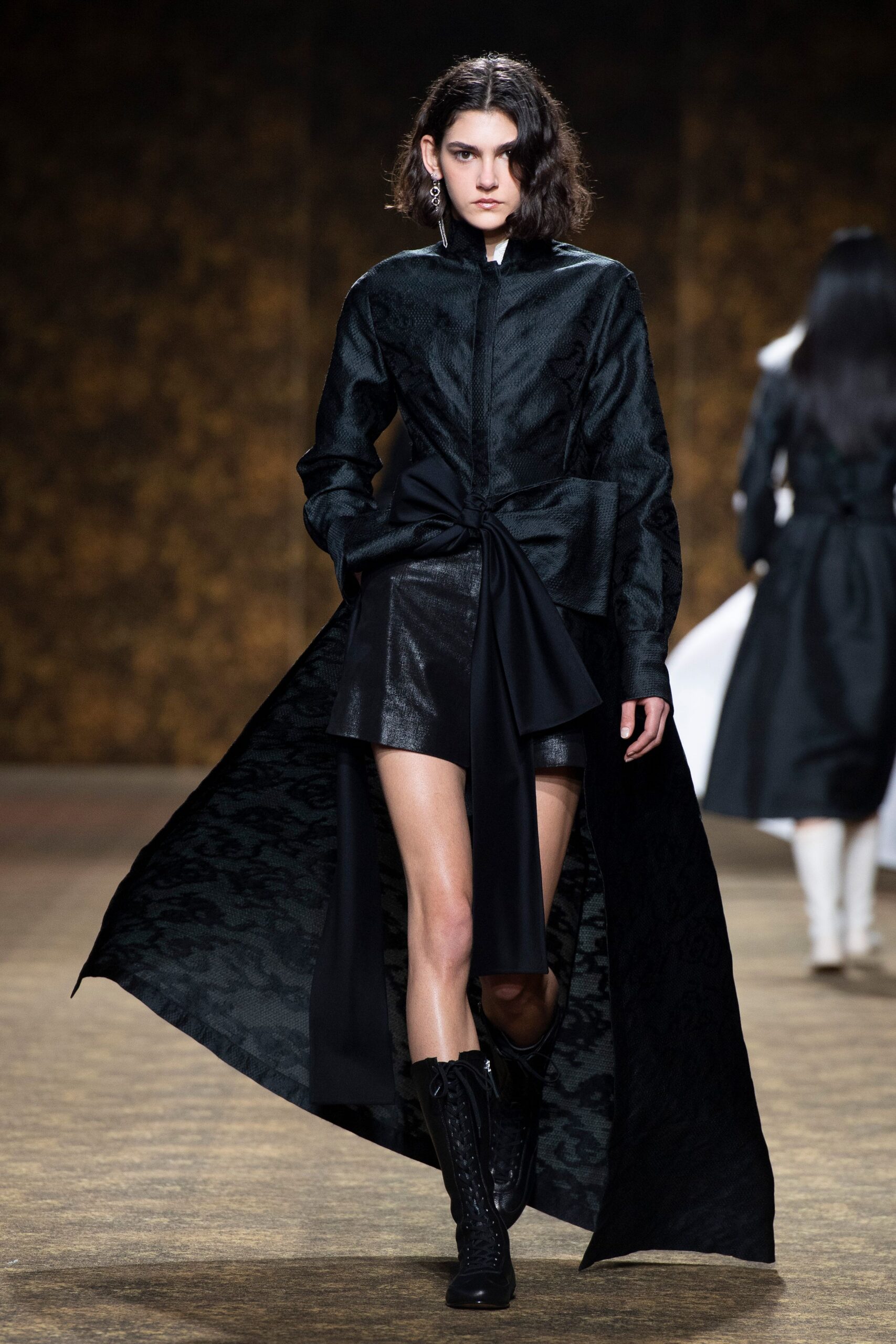 black silk long-sleeve collared fitted layered belted dress