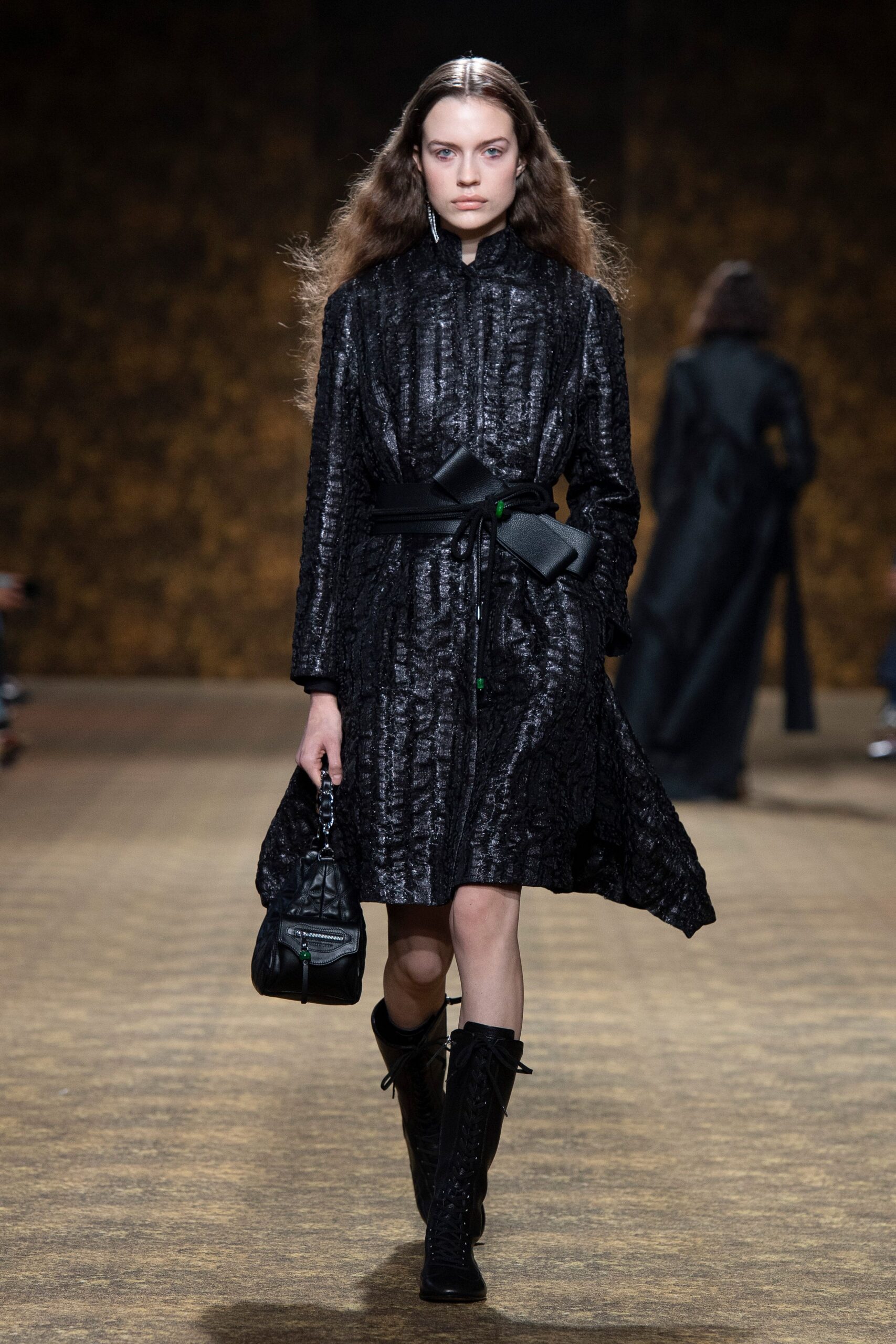black silk long-sleeve collared fitted pleated belted dress