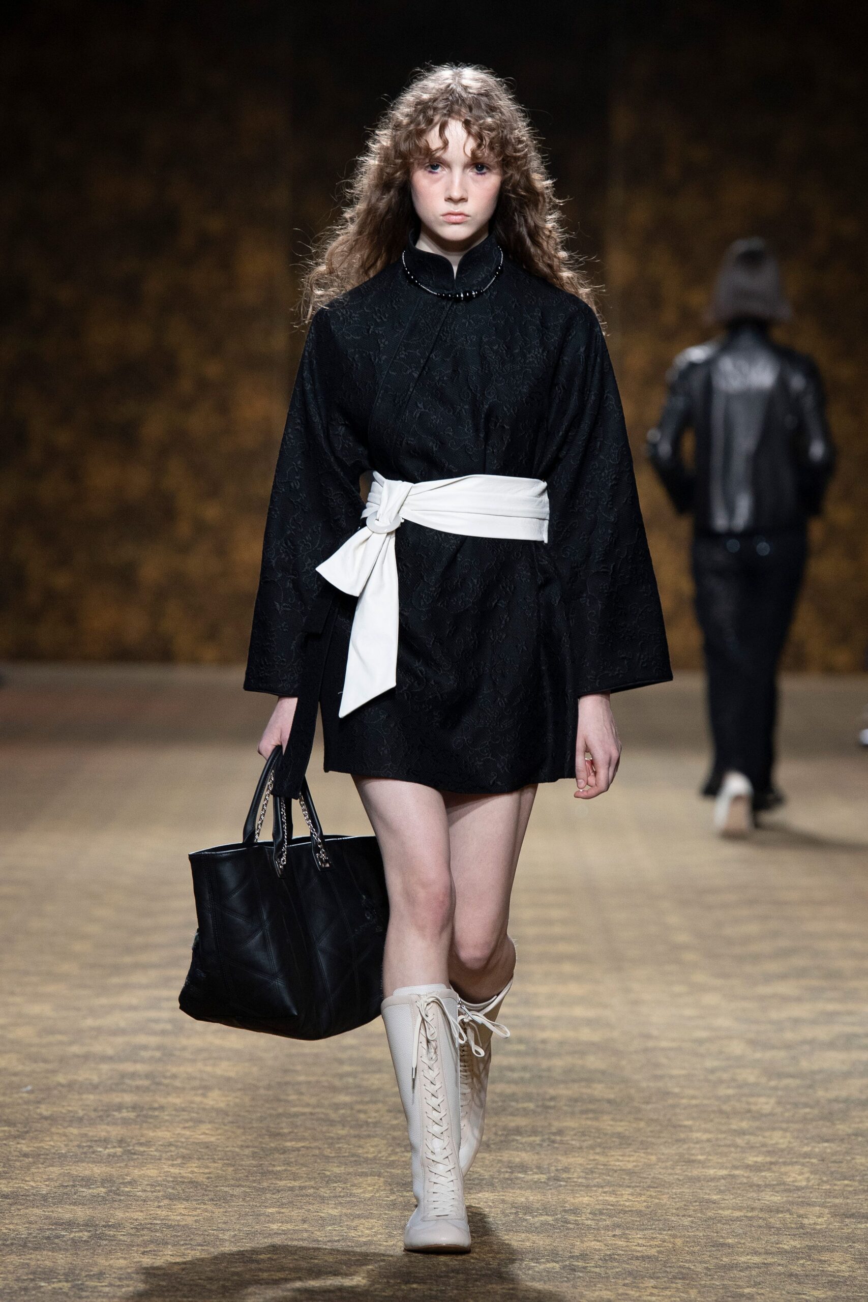 black cotton long-sleeve collared fitted belted mini dress