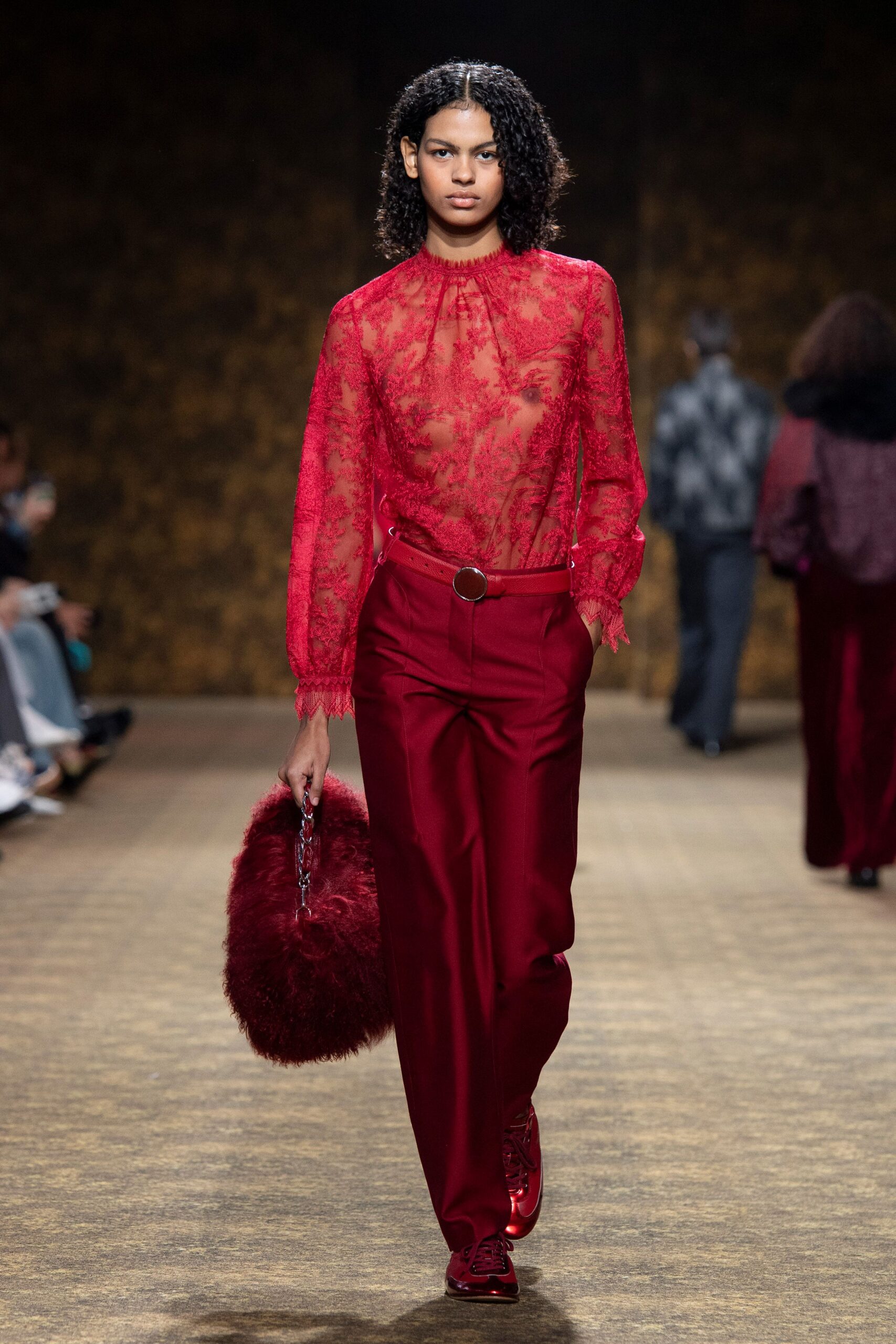 red lace long-sleeve high-neck fitted embroidered blouse