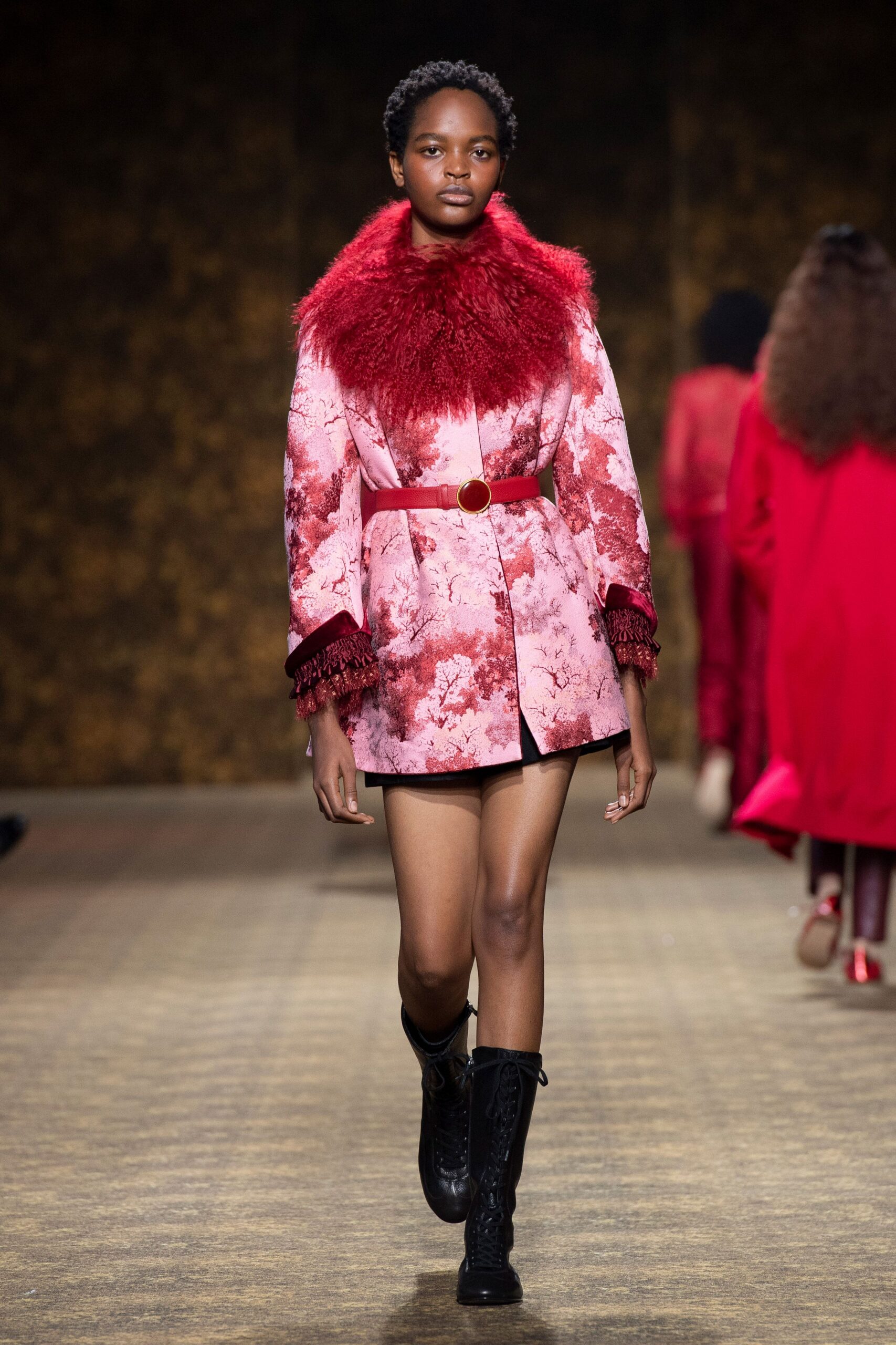 pink silk long-sleeve collared fitted floral ruffled coat