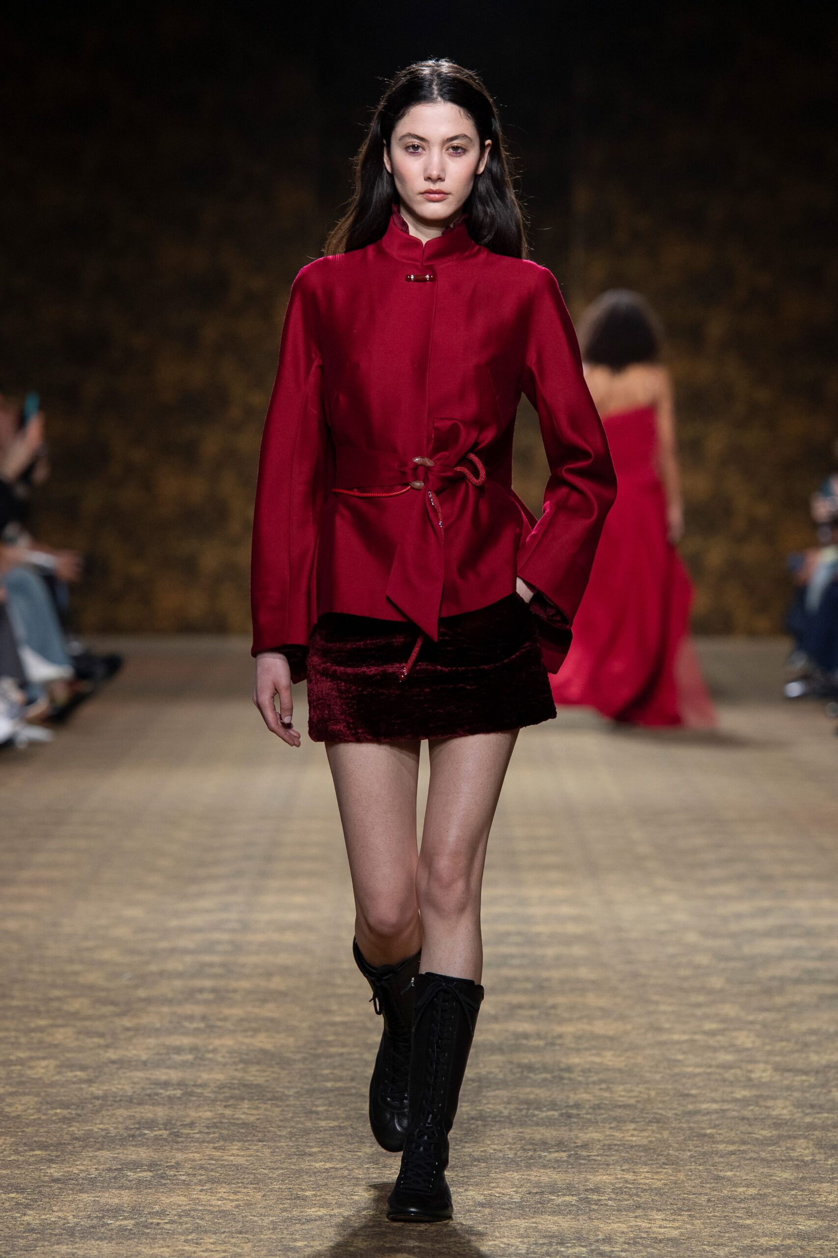 red wool long-sleeve collared fitted belted jacket