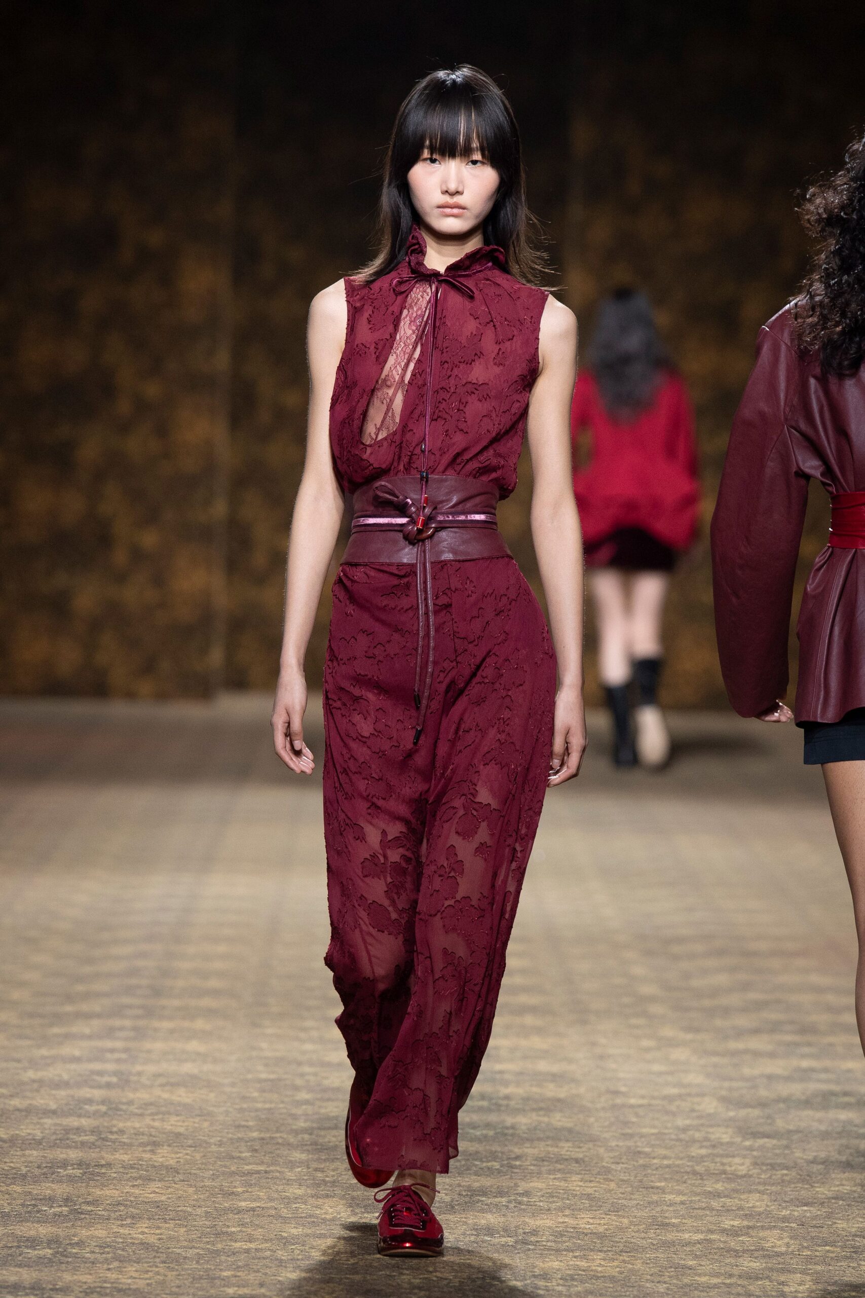 red lace sleeveless high-neck fitted layered embroidered dress