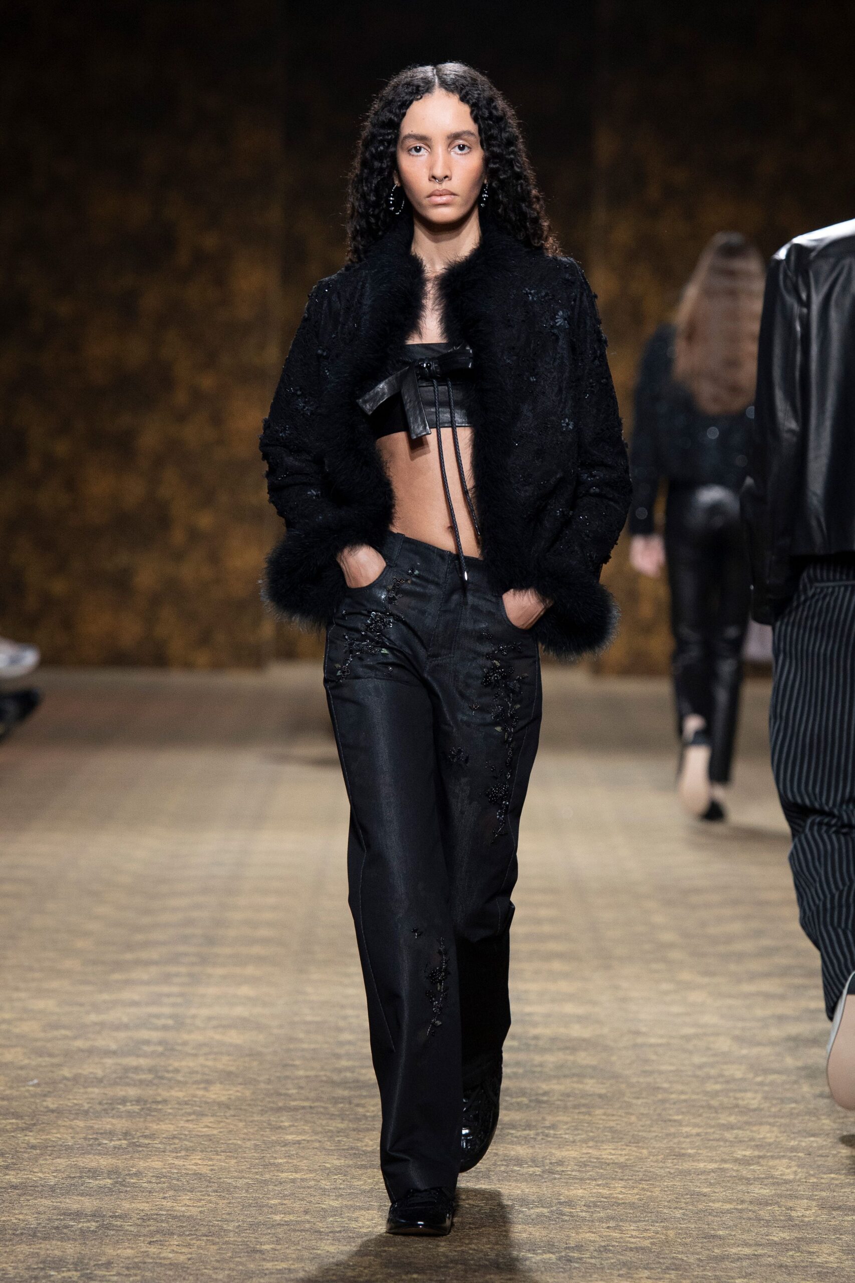 black fur long-sleeve fitted embellished jacket
