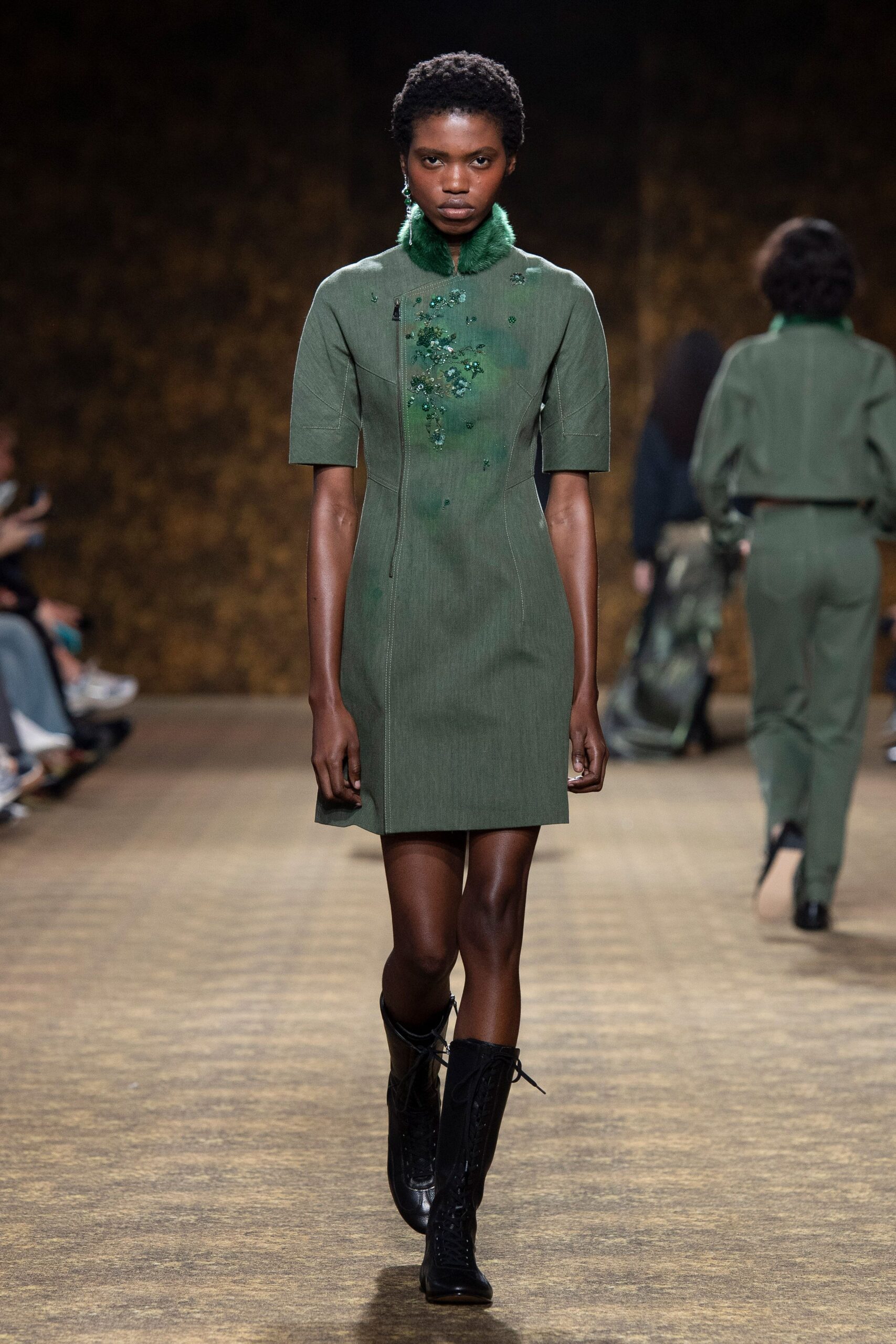 green cotton short-sleeve collared fitted embroidered mini dress