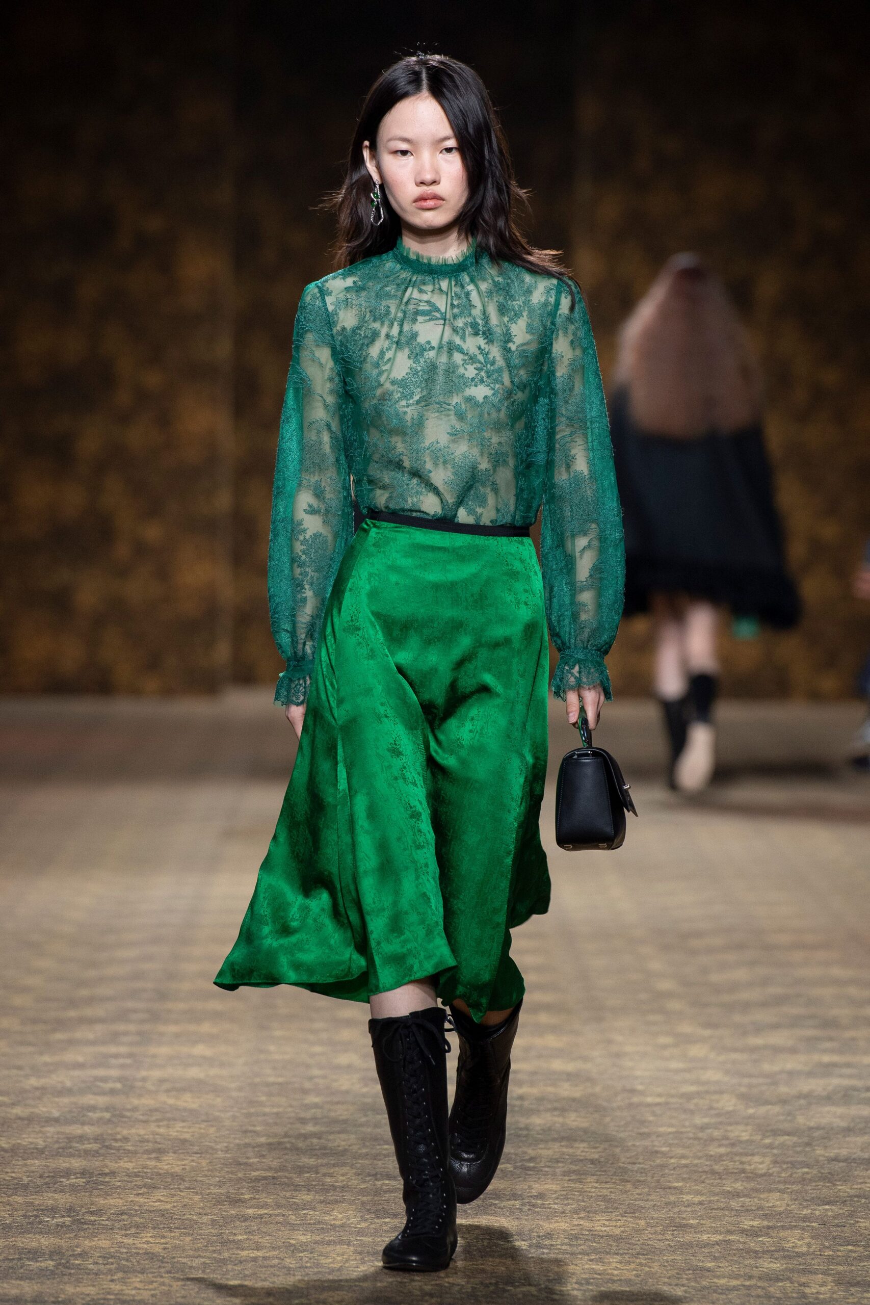 green lace long-sleeve high-neck fitted sheer blouse