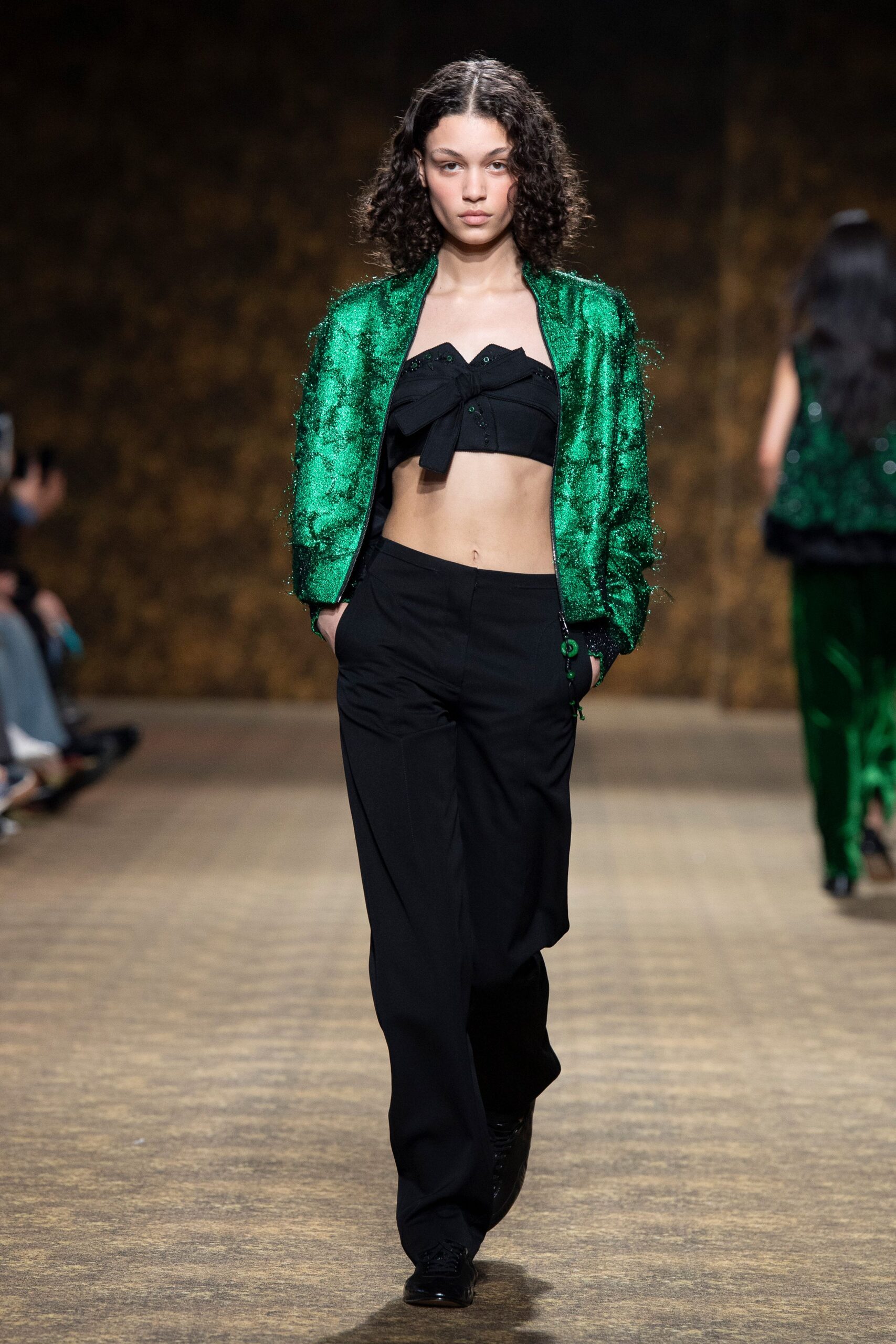 green silk long-sleeve collared fitted embellished jacket