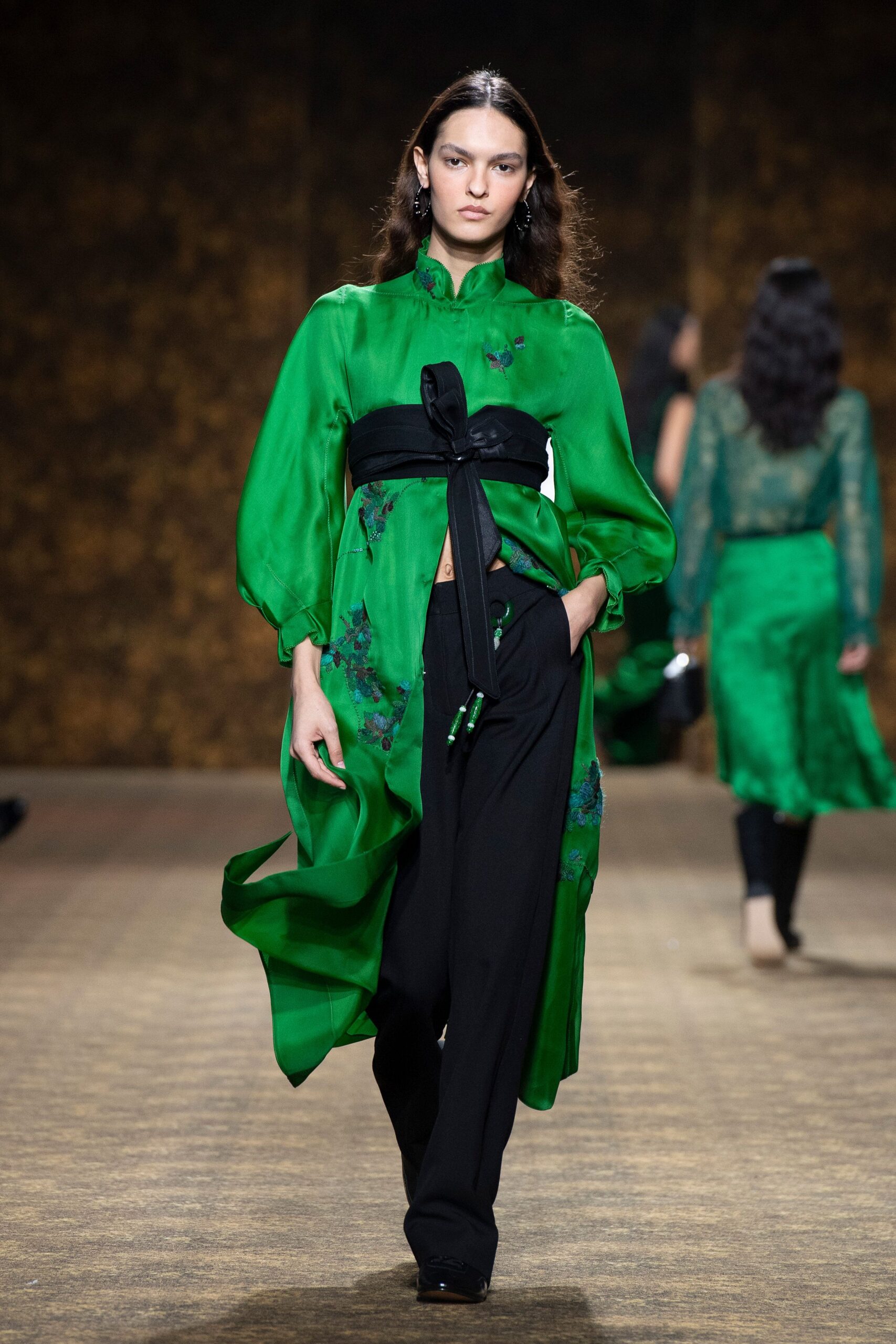 green silk long-sleeve collared relaxed embroidered blouse