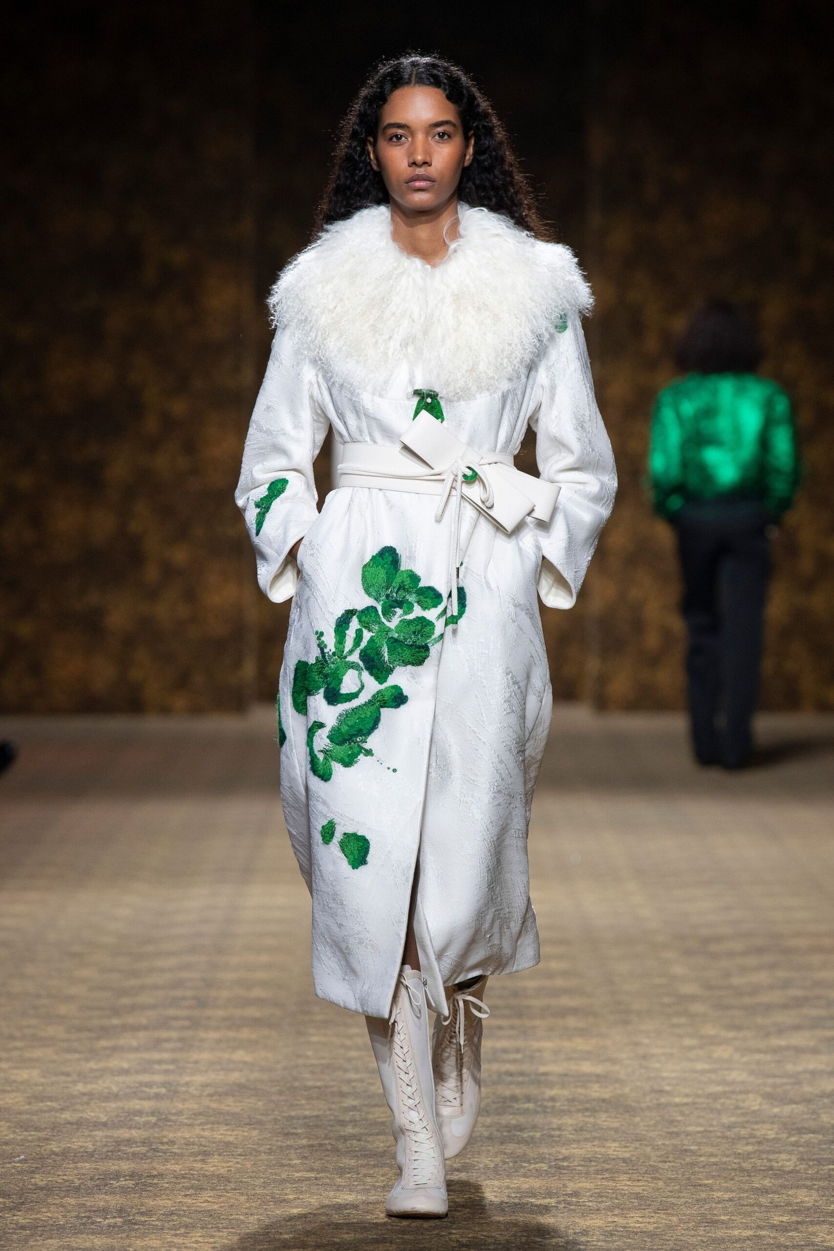 white silk long-sleeve collared fitted embroidered belted coat