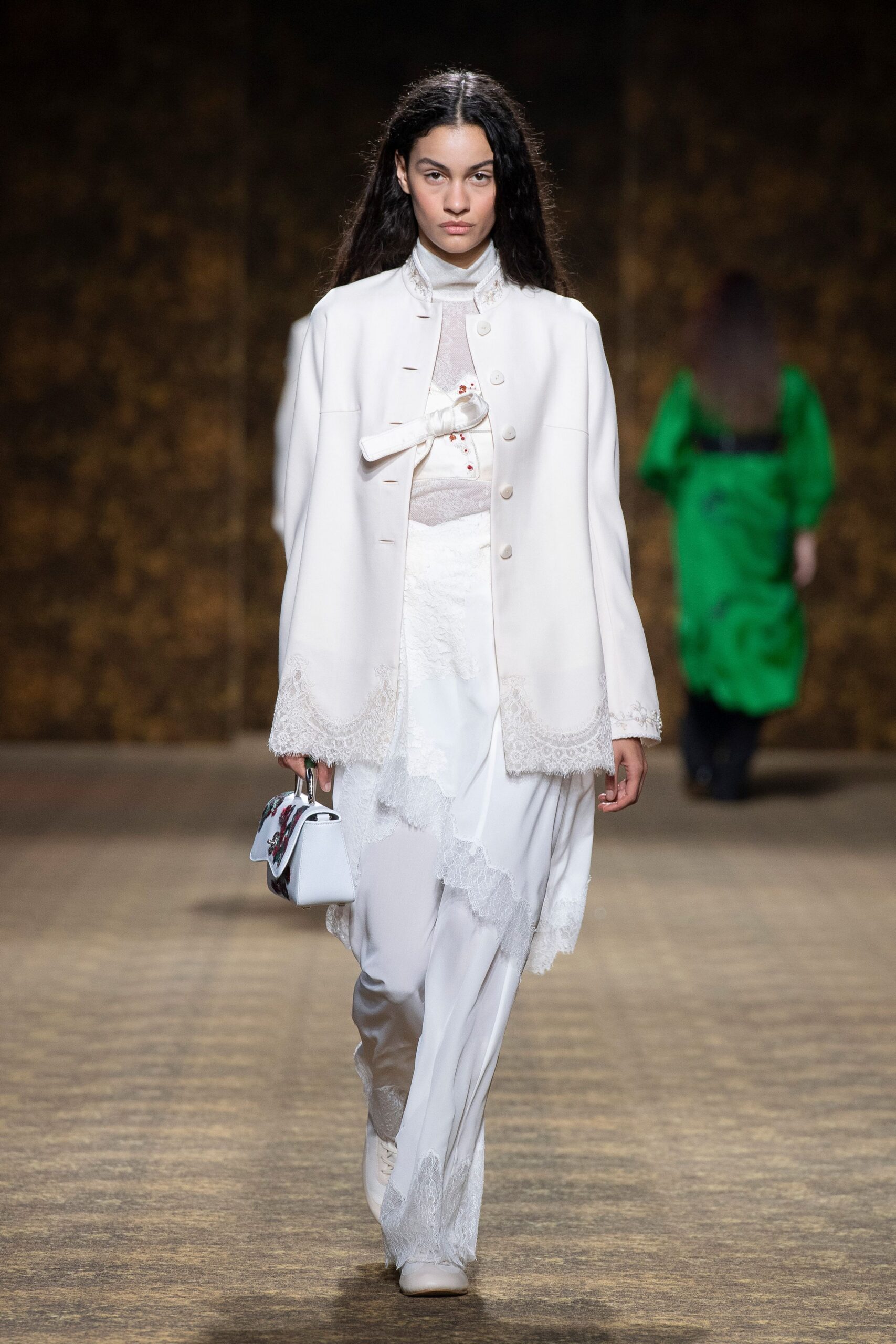 white cotton long-sleeve collared fitted ruffled blouse