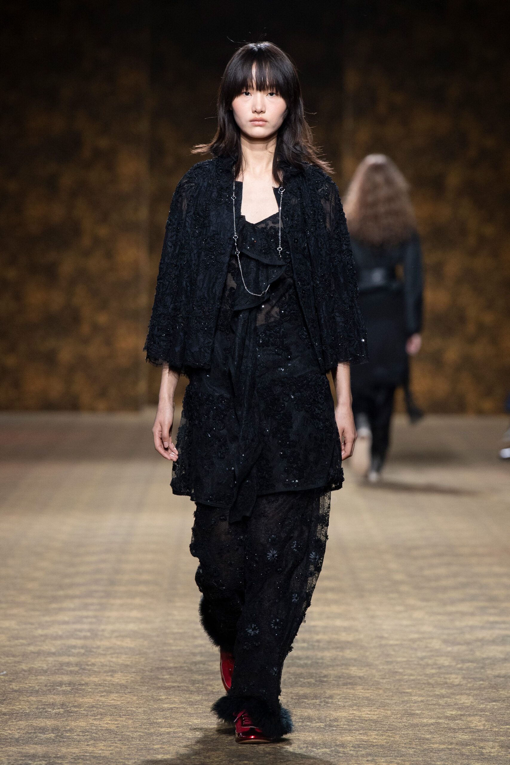 black silk long-sleeve collared relaxed embroidered jacket