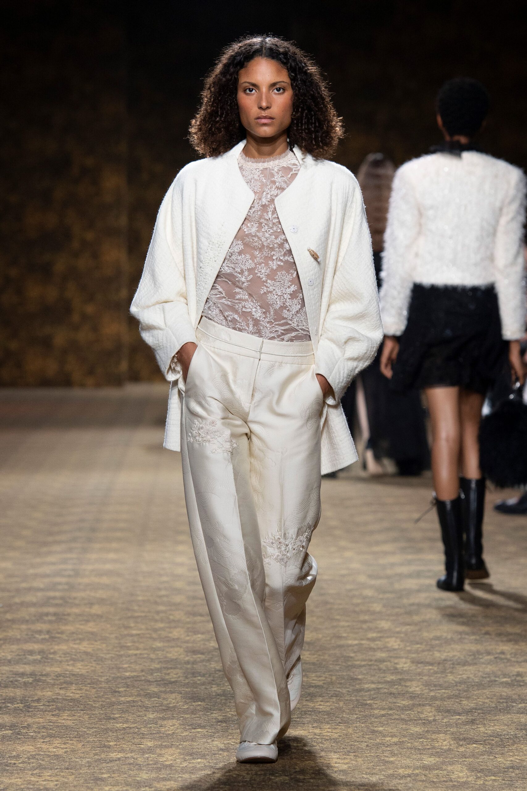white silk fitted straight-leg pants