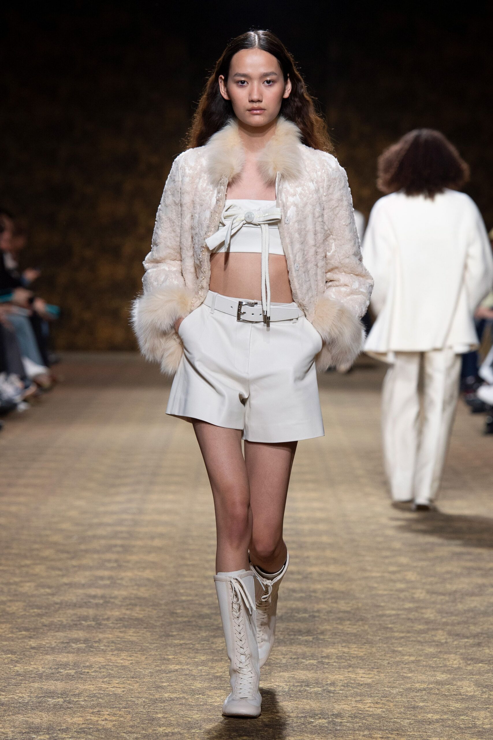 white fur long-sleeve fitted textured jacket