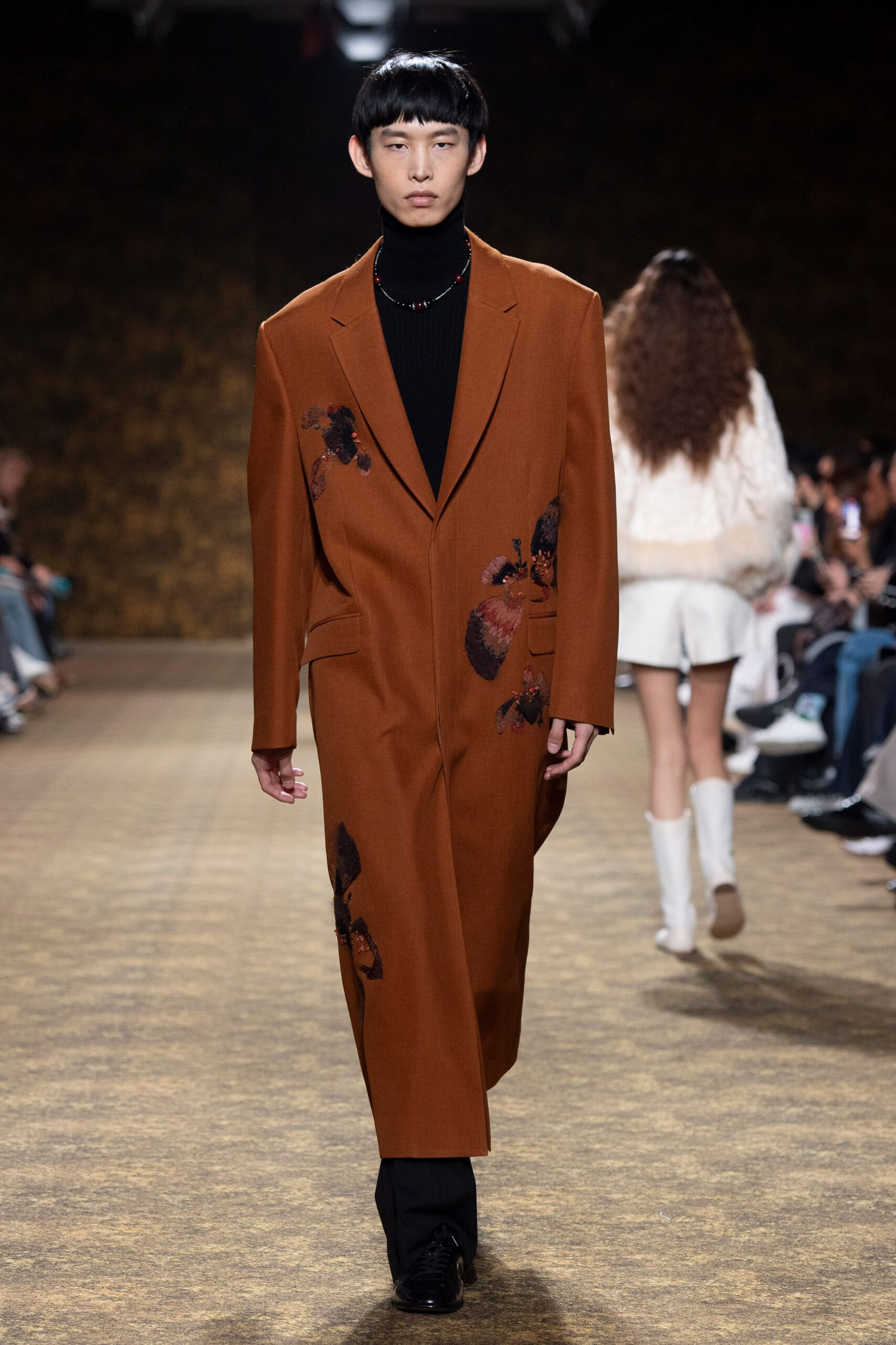brown wool long-sleeve collared tailored embroidered maxi coat