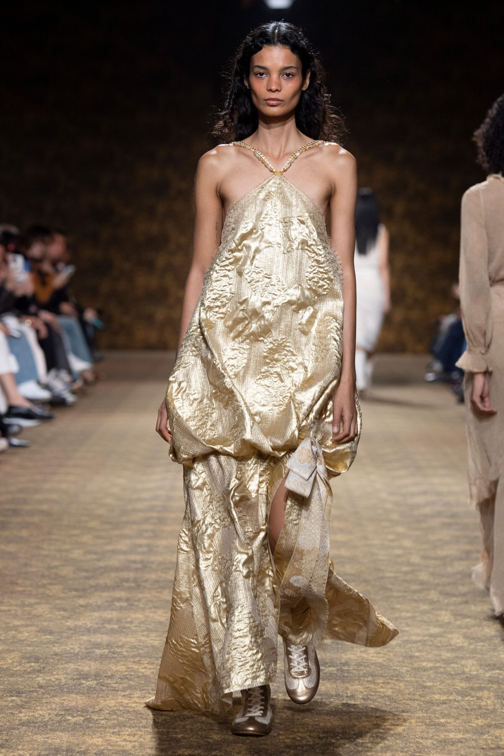 gold silk sleeveless v-neck relaxed draped embroidered gown