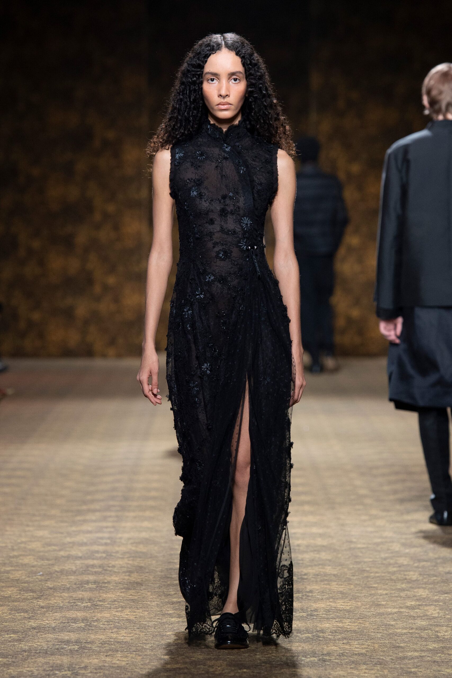 black lace sleeveless high-neck fitted embroidered layered gown