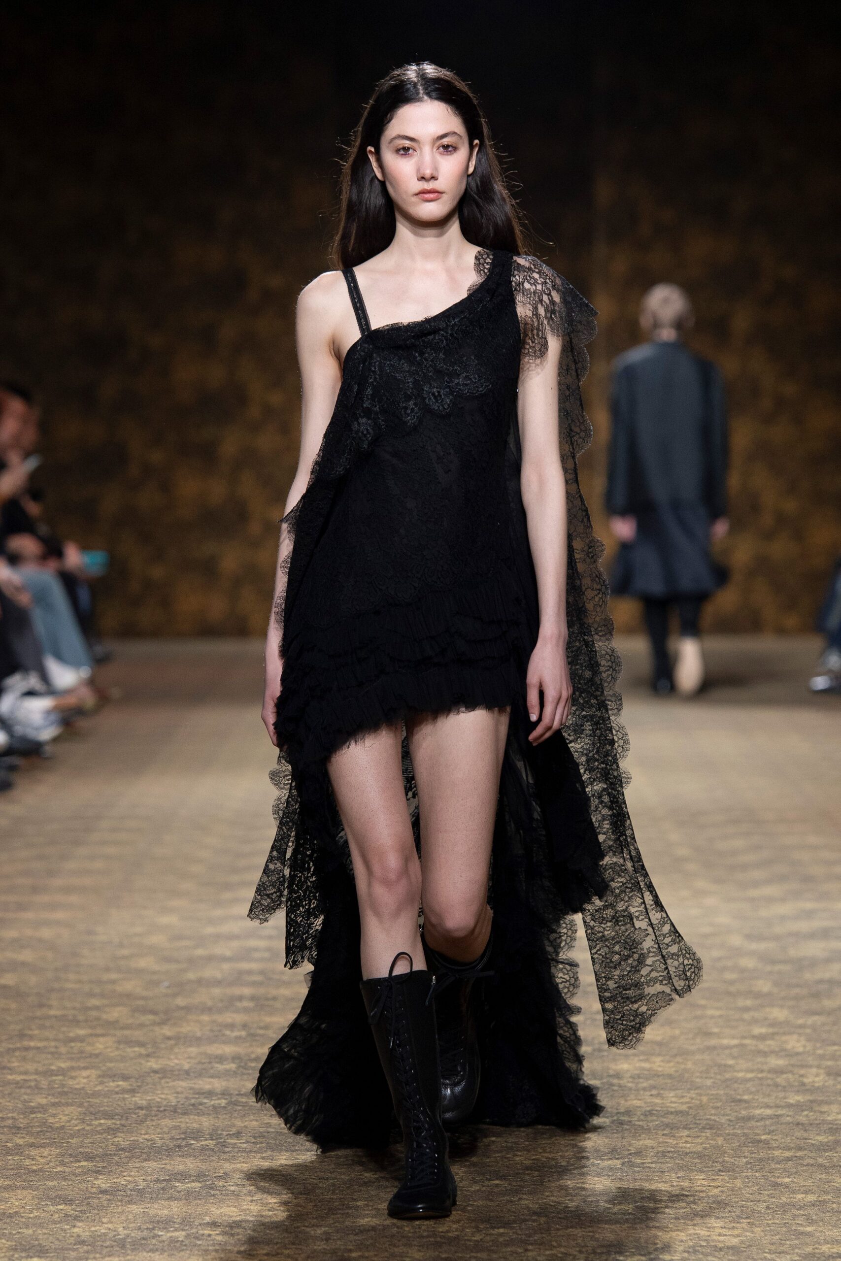black lace sleeveless asymmetric fitted ruffled layered dress