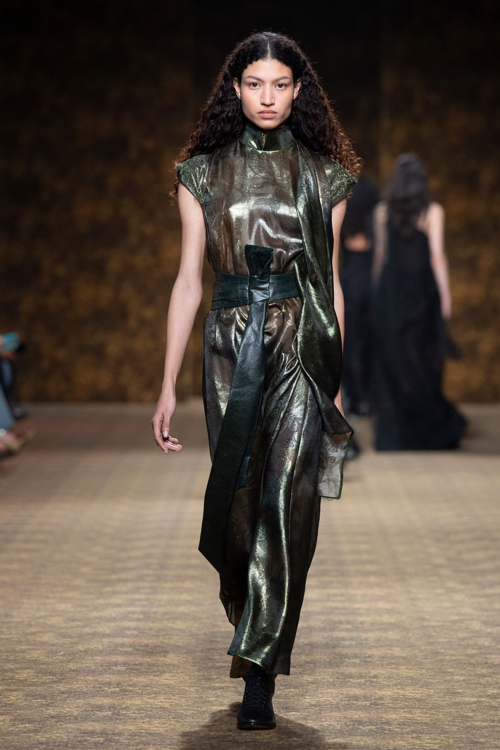 green silk sleeveless high-neck fitted draped shiny jumpsuit