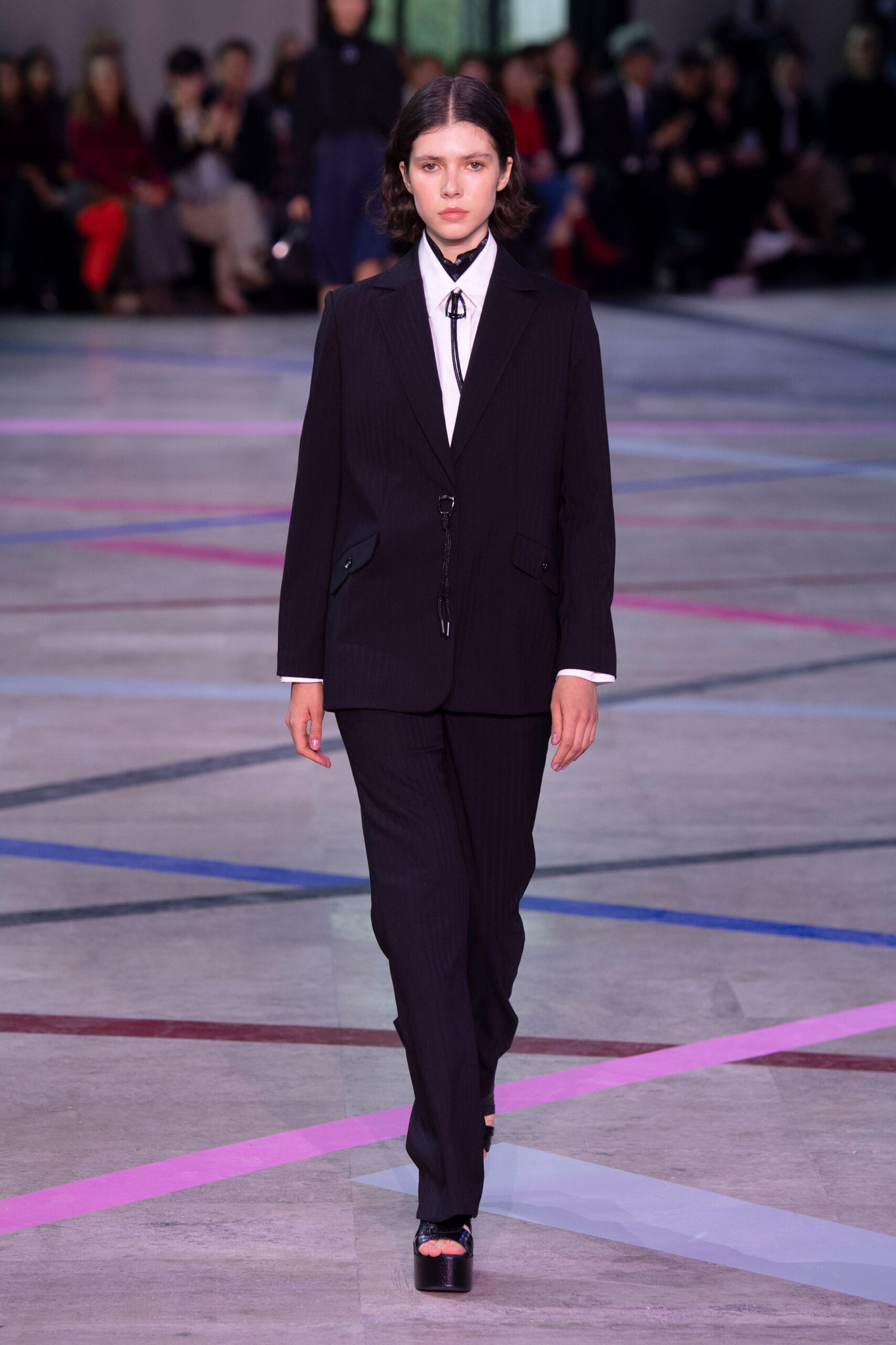 black cotton long-sleeve collared tailored striped buttoned suit