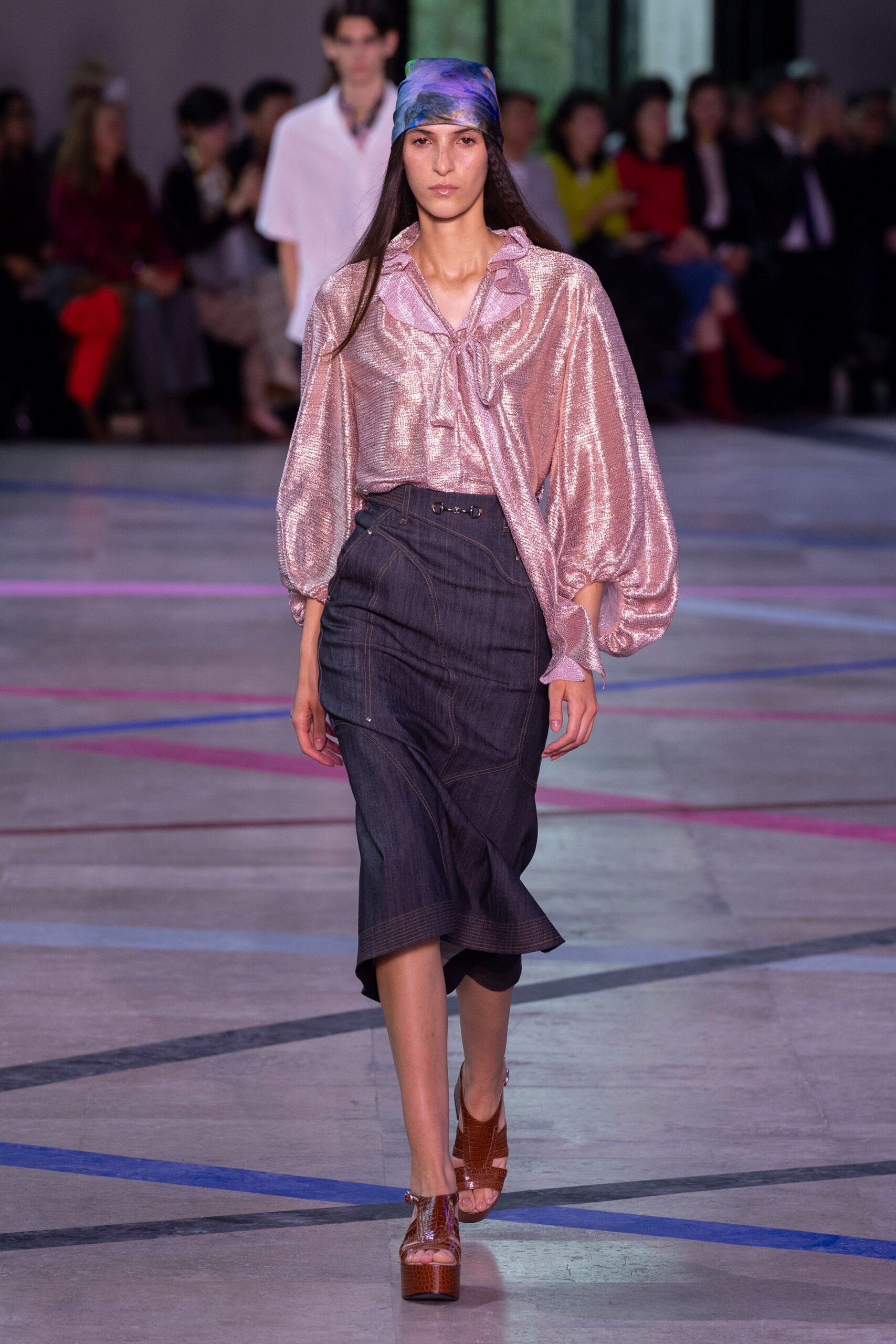 pink silk long-sleeve collared relaxed pleated shiny blouse
