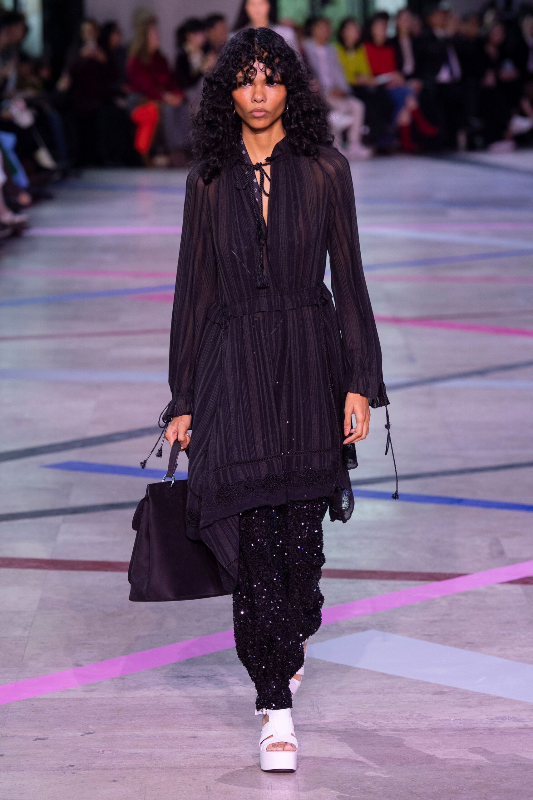 black silk long-sleeve v-neck relaxed pleated draped dress