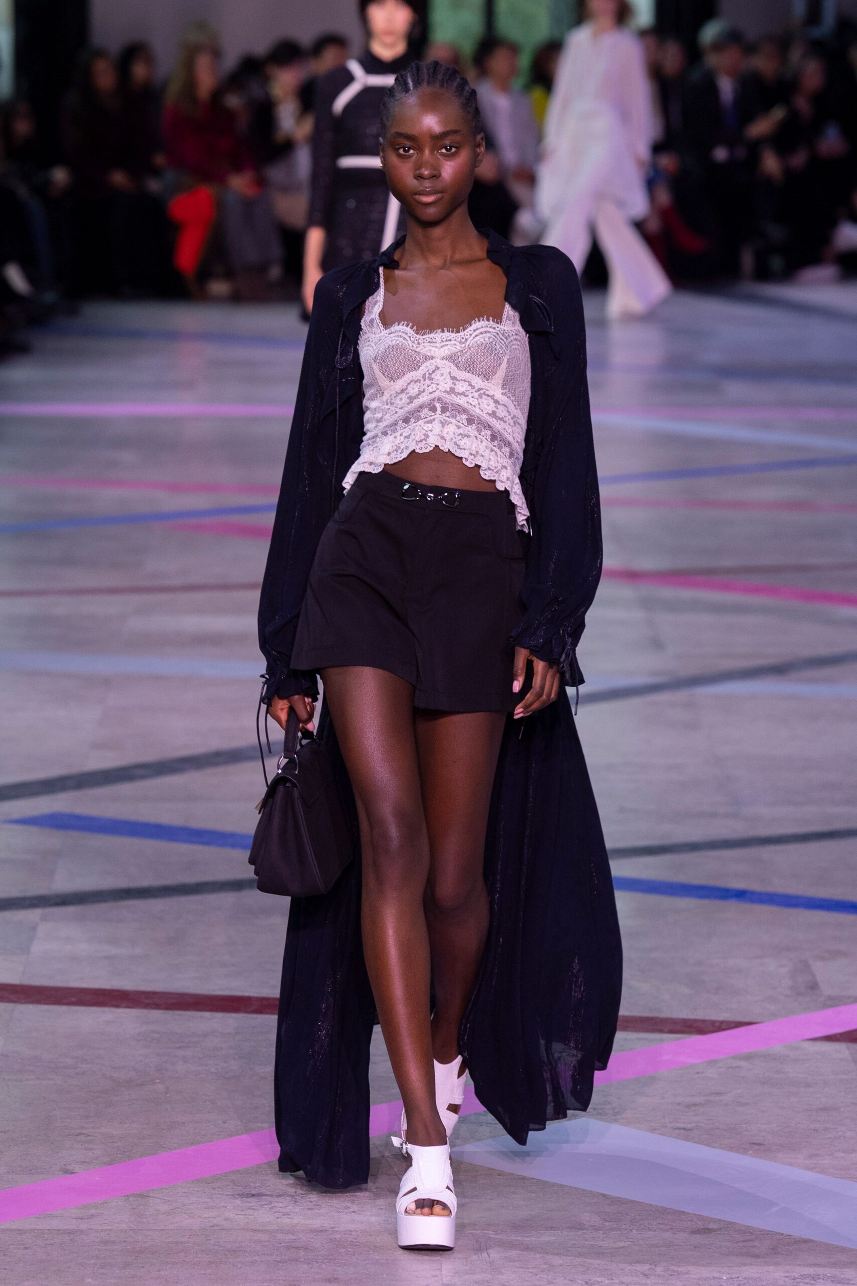 black long-sleeve relaxed layered sheer flowing coat