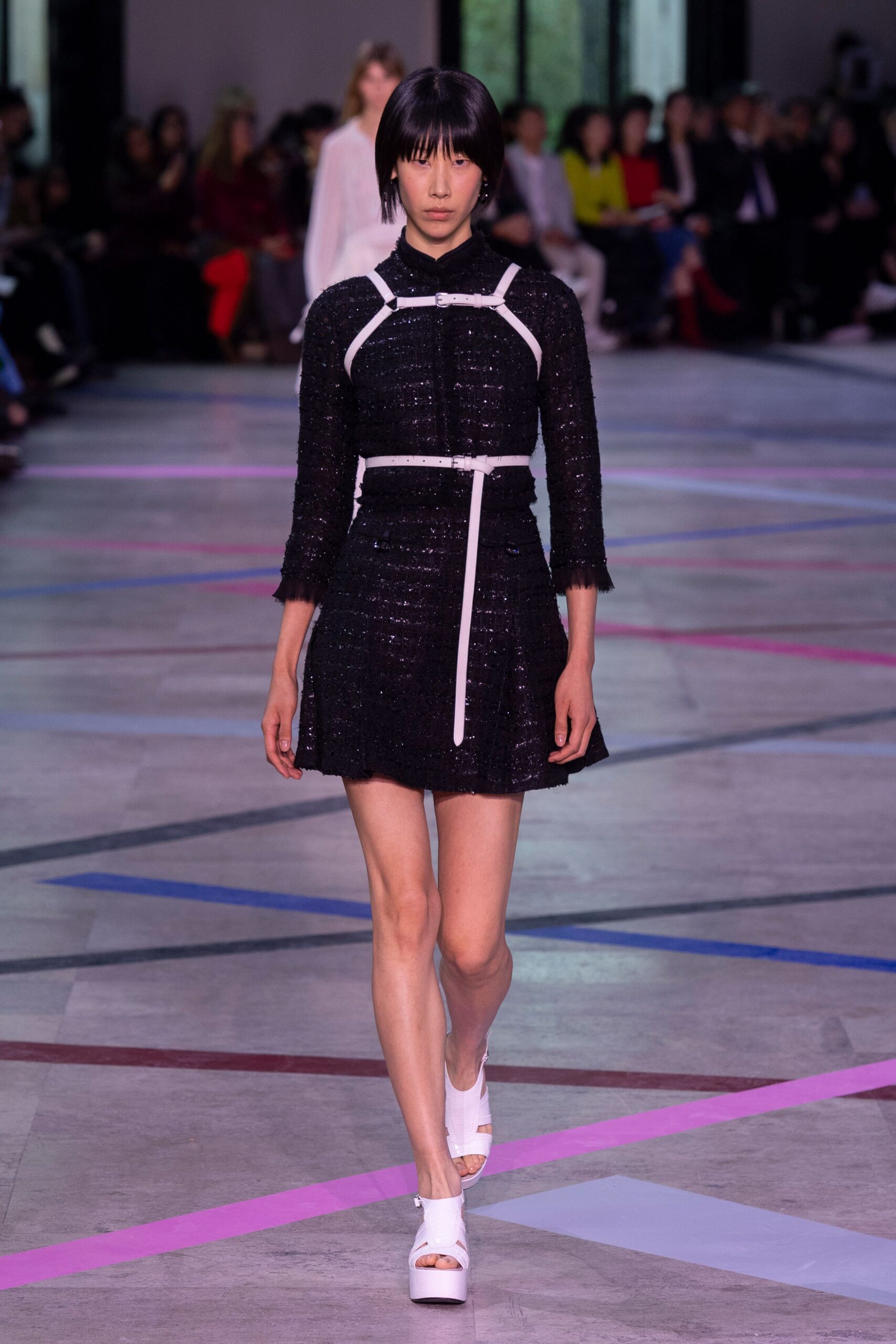 black tweed long-sleeve collared fitted zippered pleated dress