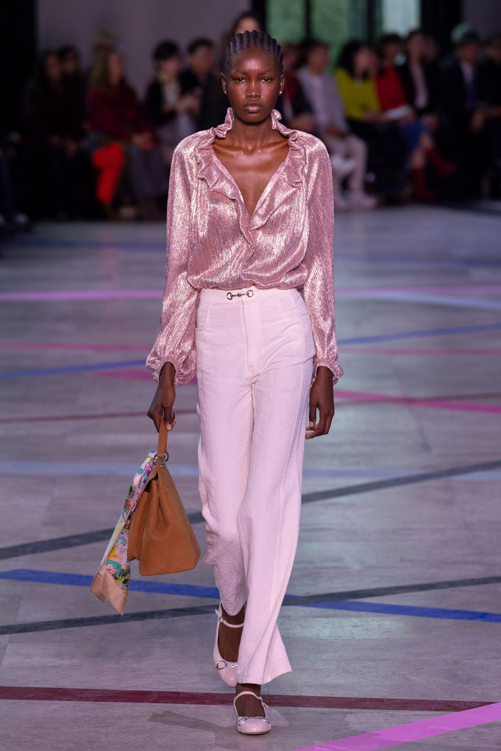 pink silk long-sleeve v-neck relaxed ruffled shiny shirt