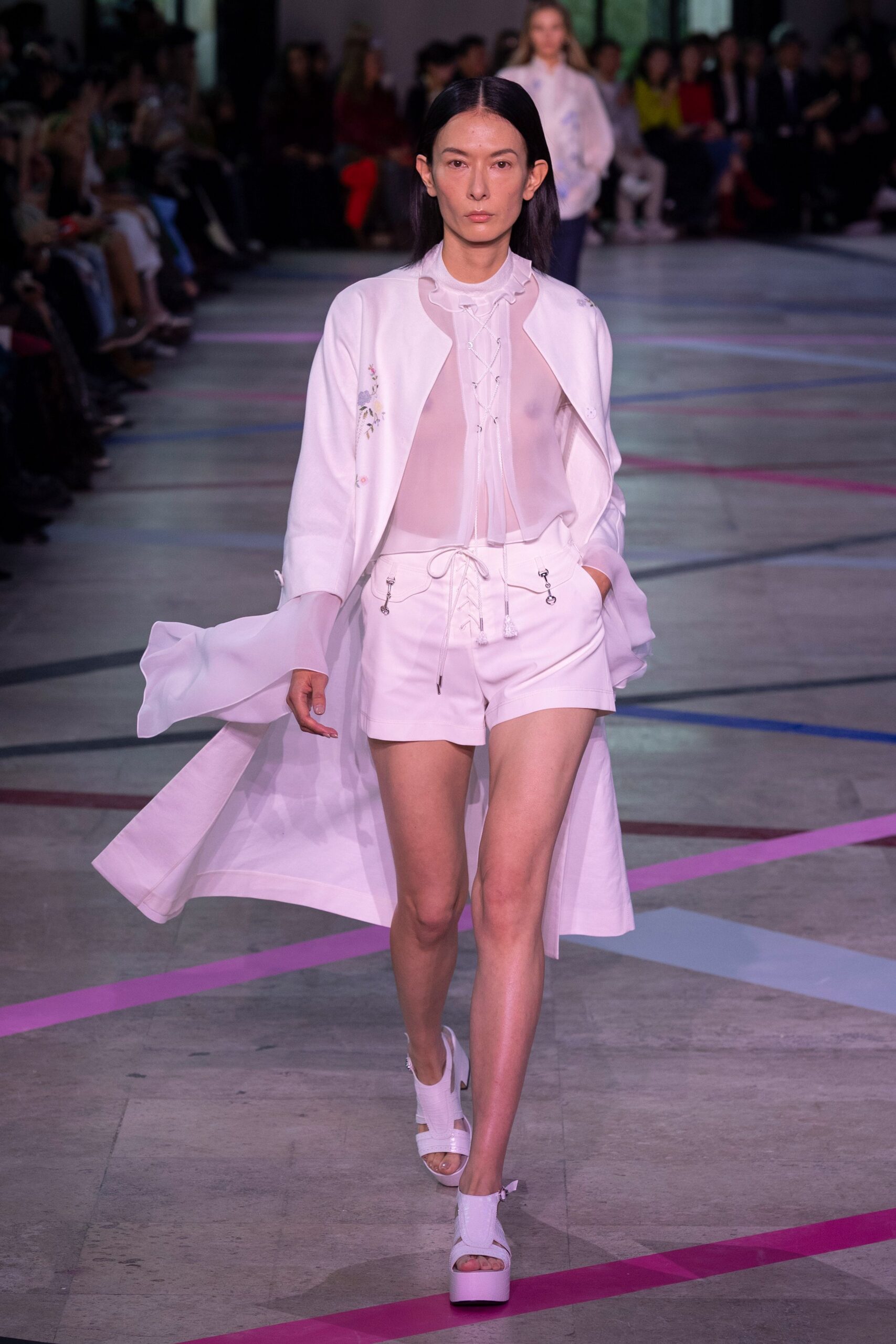white silk long-sleeve collared relaxed embroidered coat