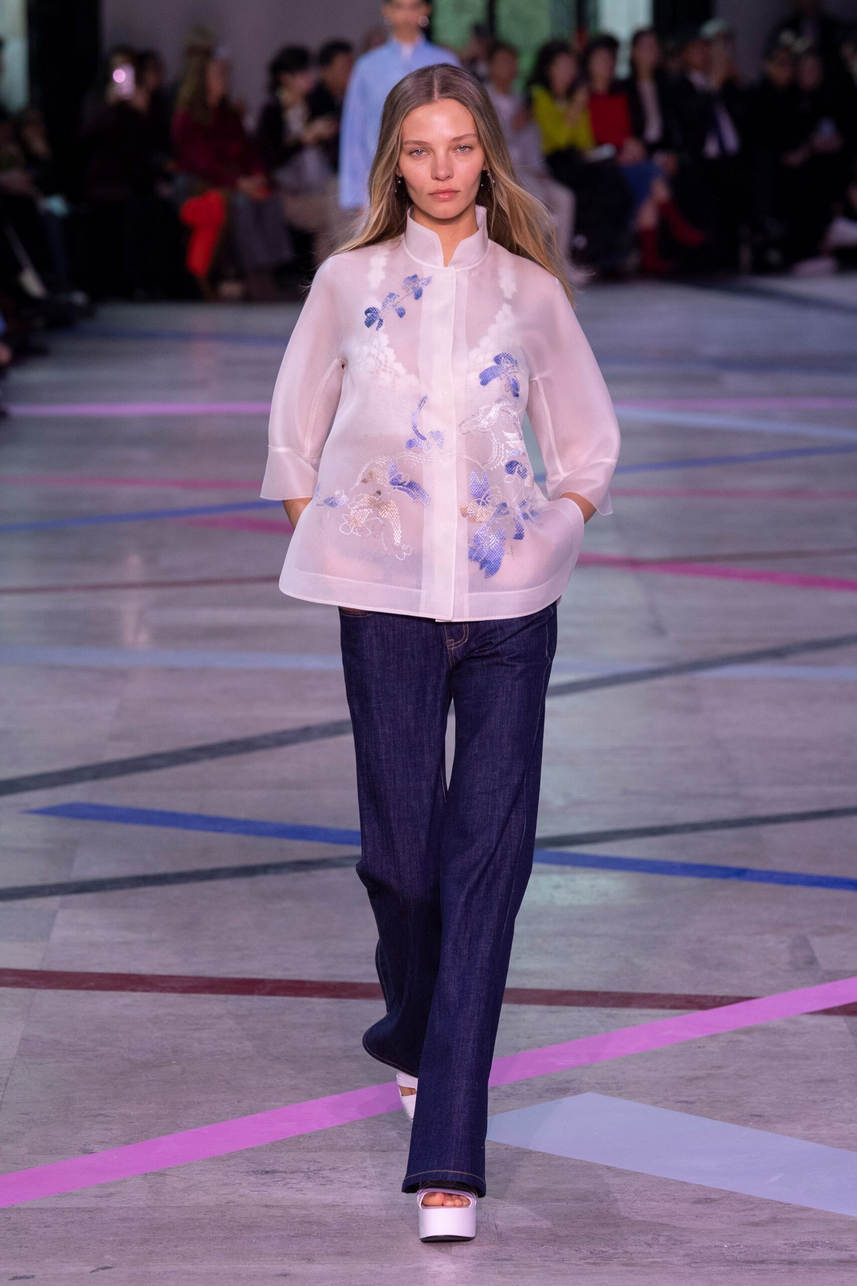 white silk long-sleeve collared relaxed embroidered sheer shirt