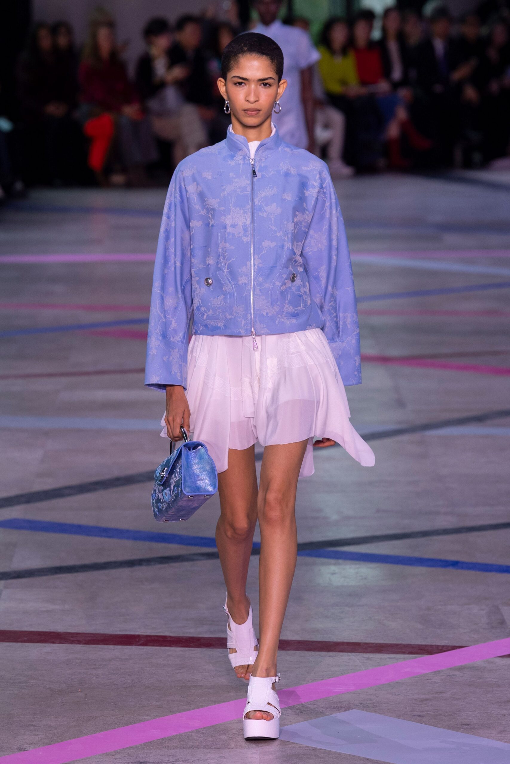 blue silk long-sleeve collared relaxed embroidered jacket