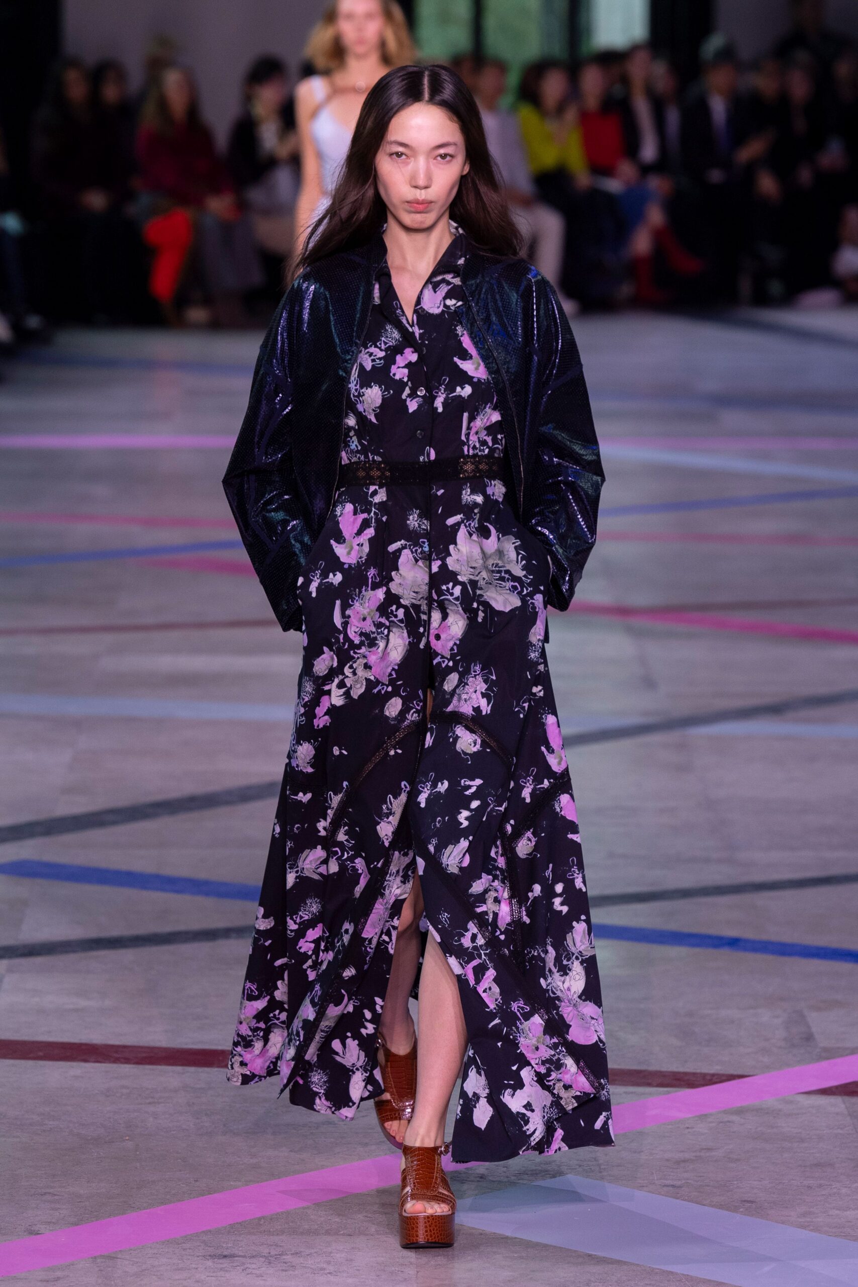 black silk long-sleeve collared fitted floral tiered dress