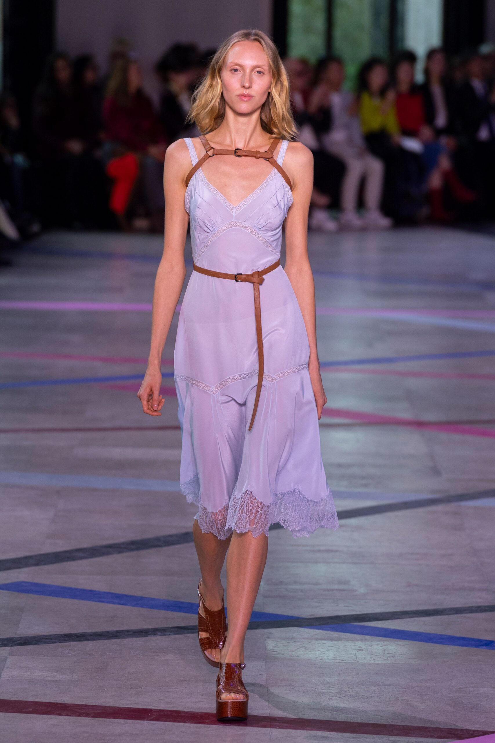 lavender silk sleeveless v-neck fitted layered fringed dress