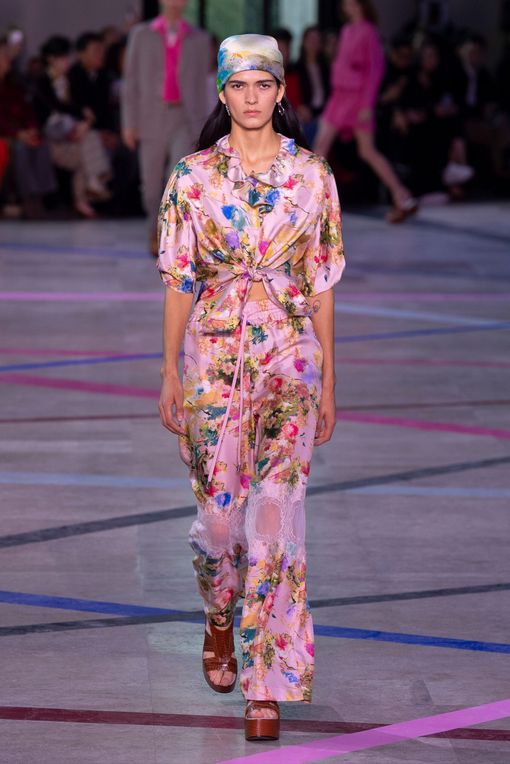 pink silk short-sleeve v-neck relaxed floral belted dress