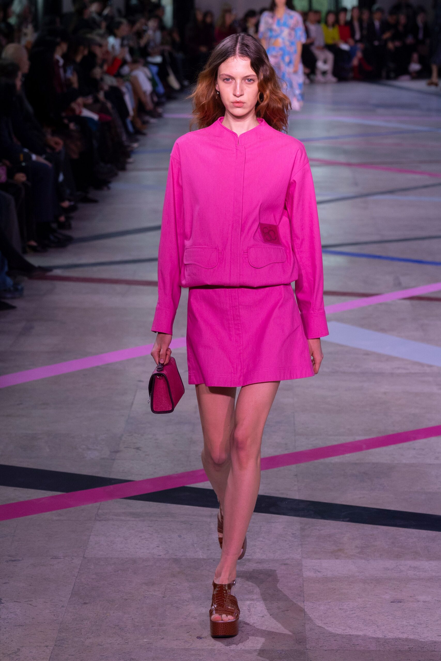 pink jacket and skirt outfit