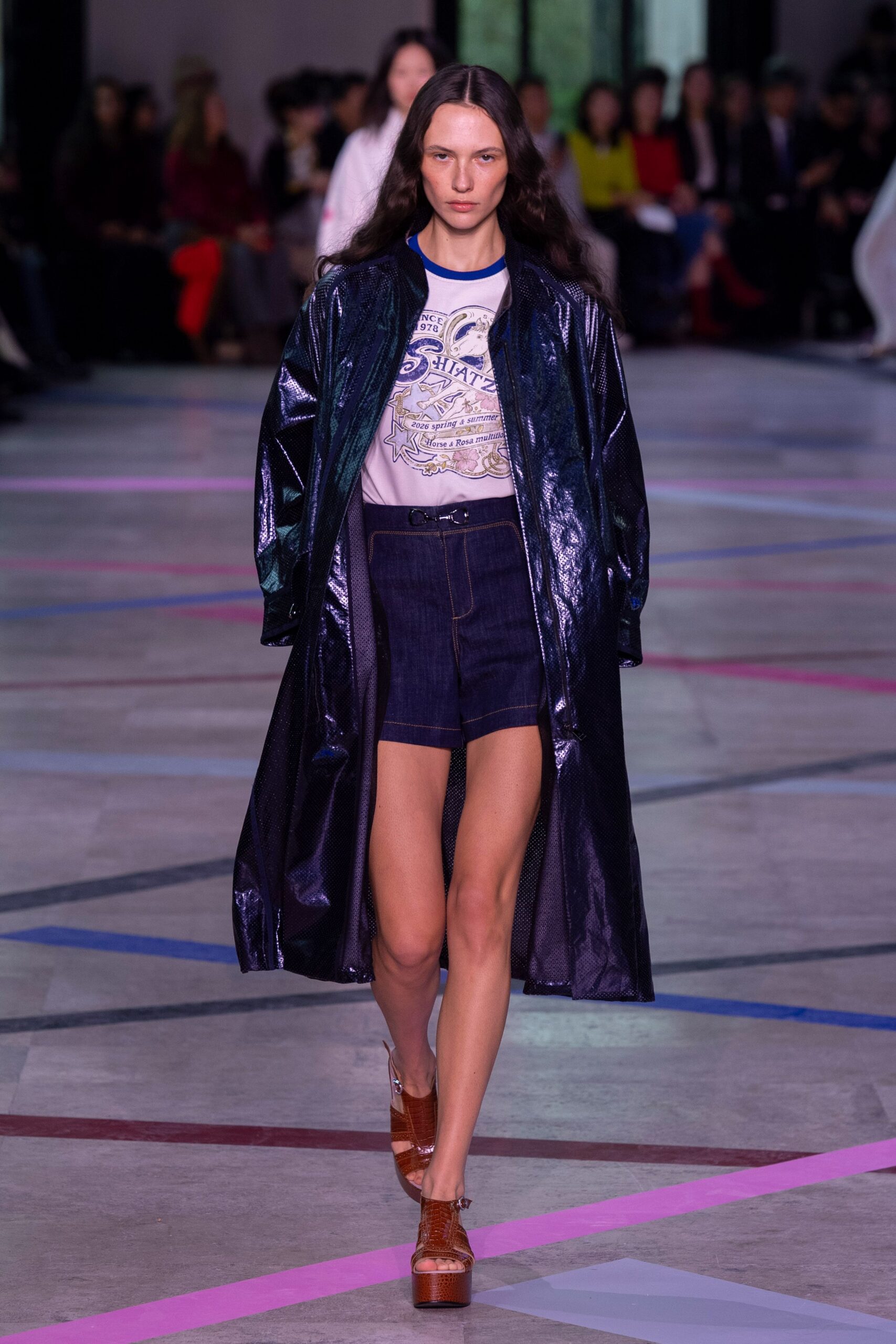 blue vinyl long-sleeve collared relaxed zippered shiny coat