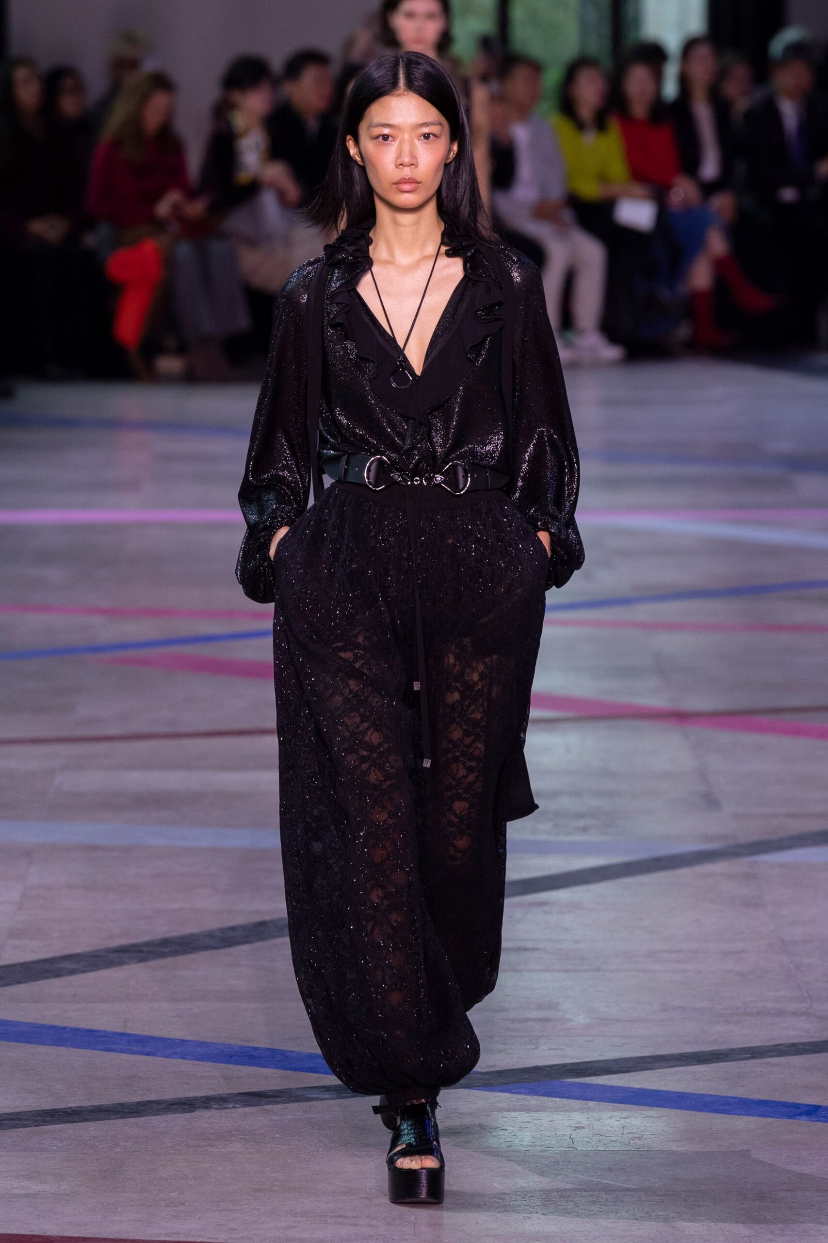 black silk long-sleeve v-neck relaxed pleated belted jumpsuit