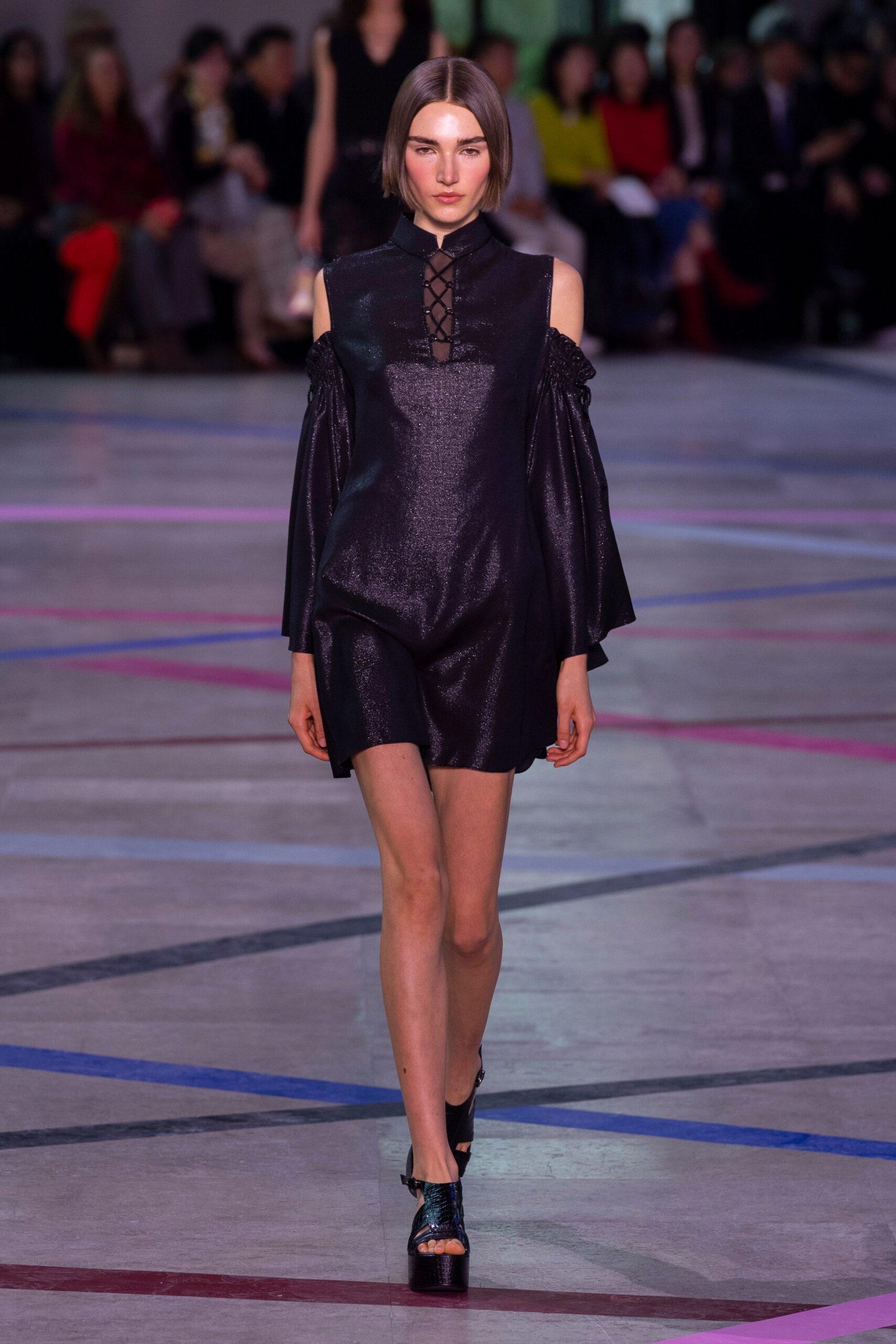 black silk long-sleeve collared fitted ruffled shiny dress