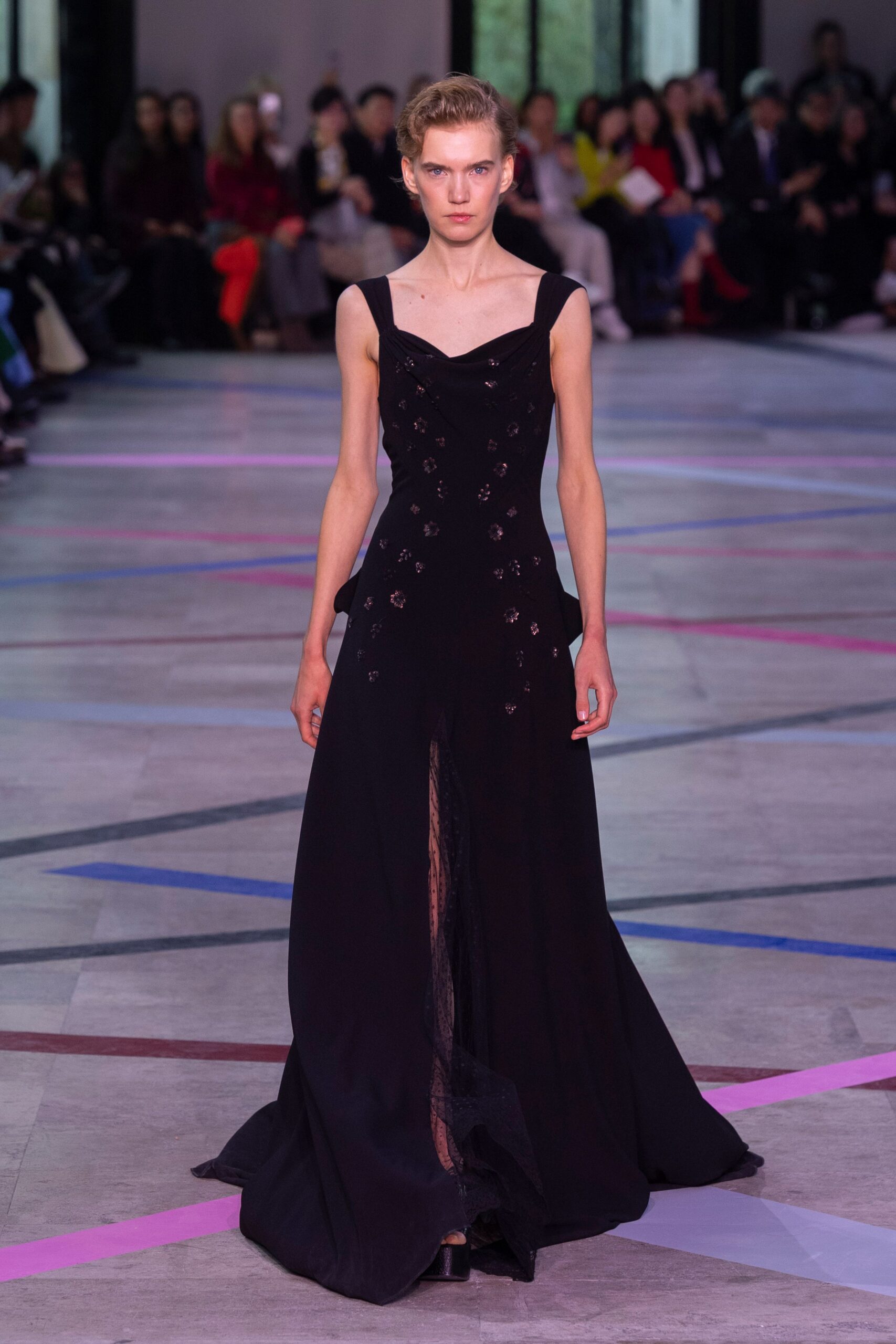 black silk sleeveless v-neck fitted embroidered maxi gown