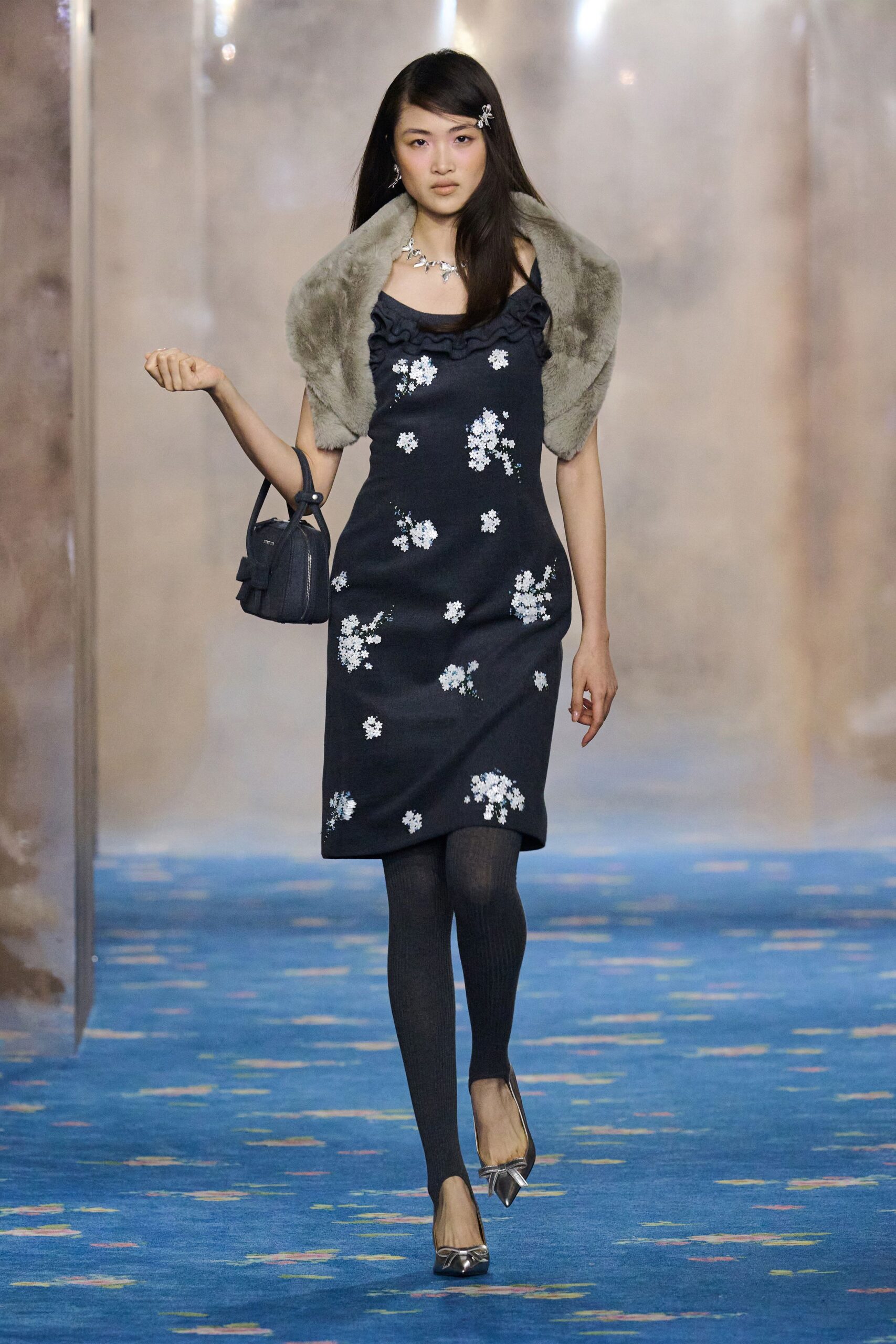 black floral mini dress with fur scarf