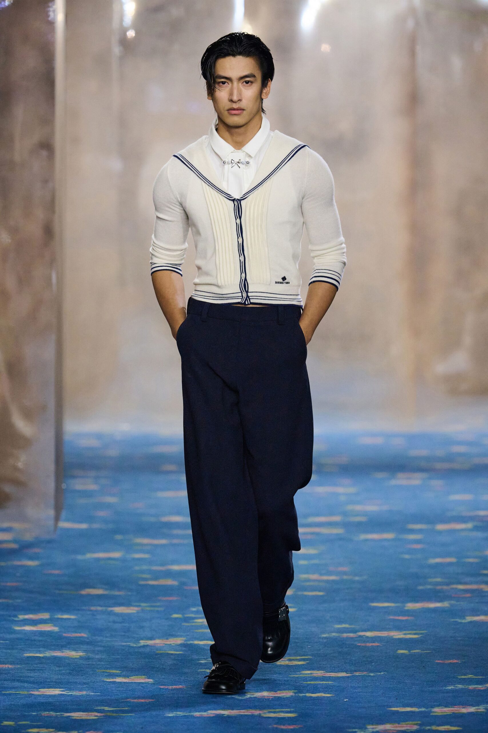 white fitted shirt with navy pants