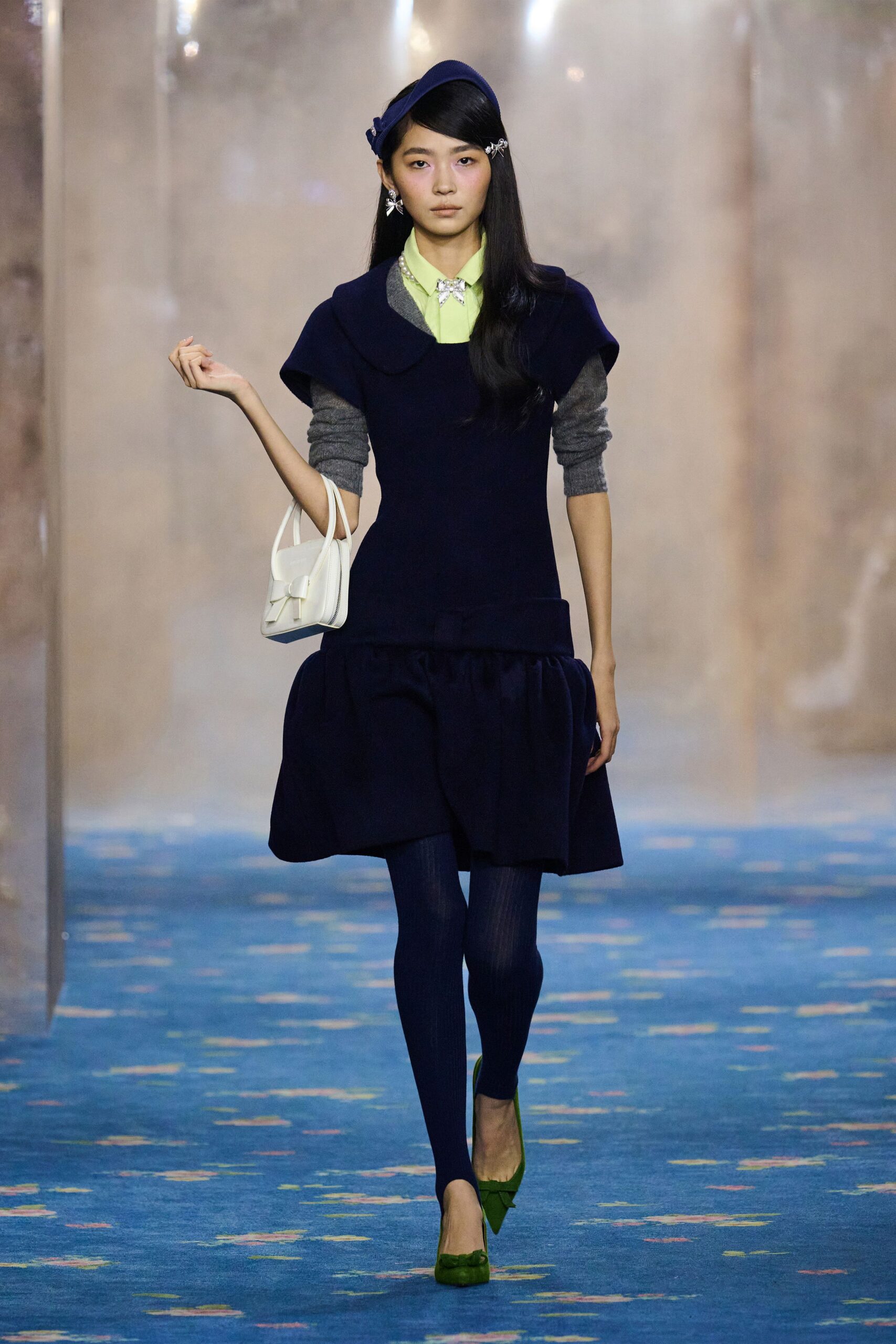 navy mini dress with gray top