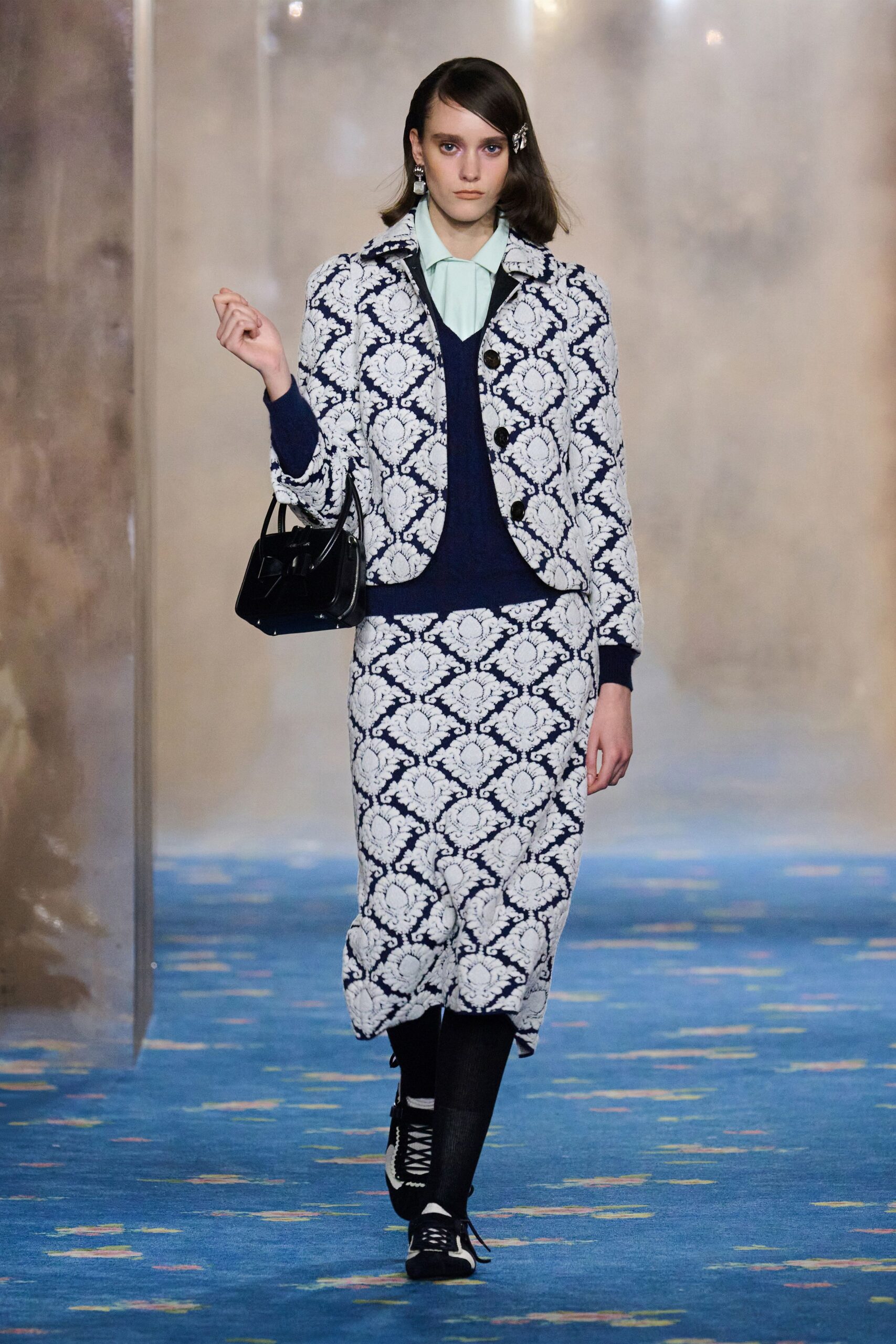 blue and white printed blazer and skirt